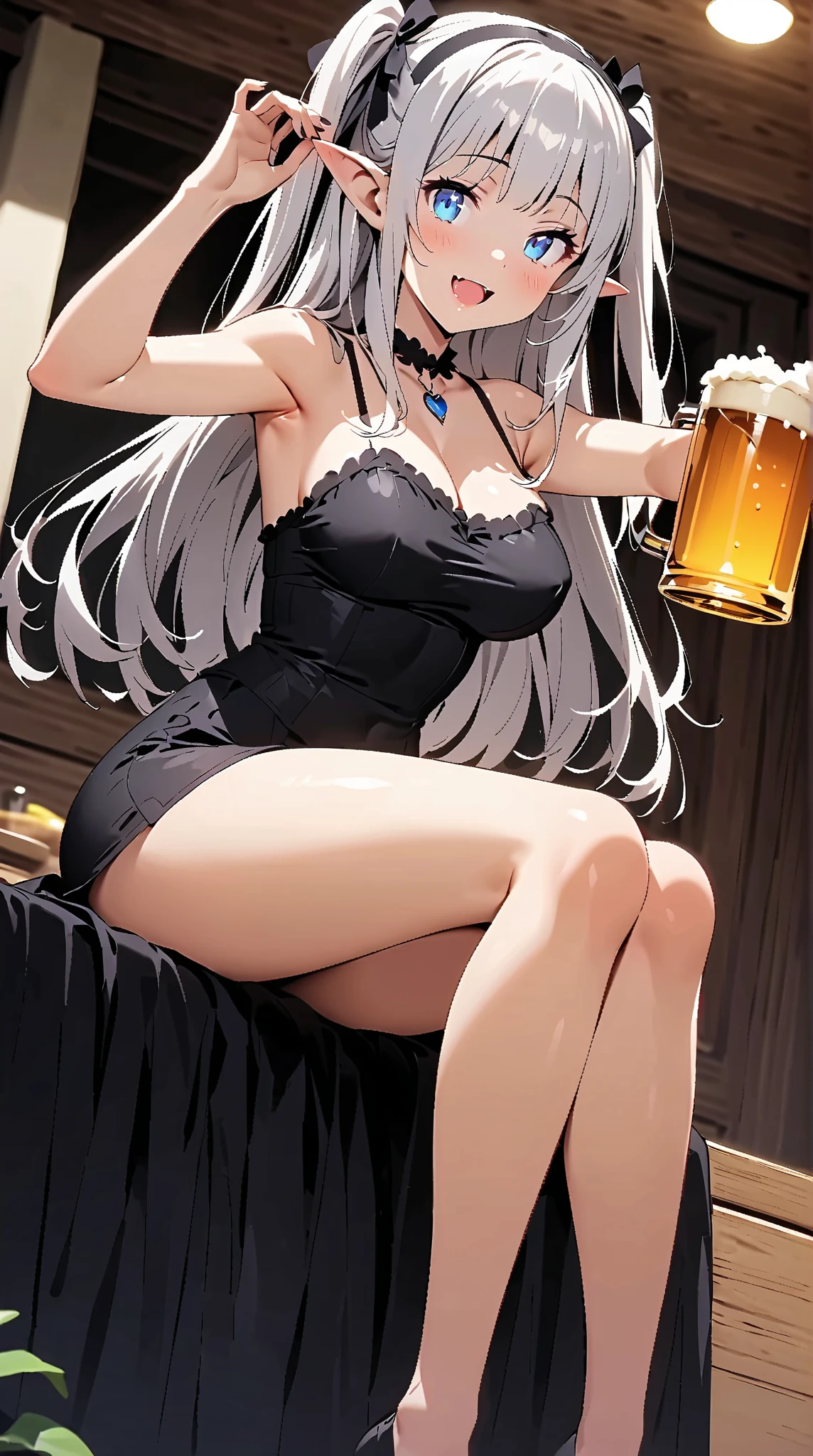 best quality, masterpiece, highres, solo, {schwarz_arknights:0.90}, 1girl, bare_shoulders, black_dress, looking_at_viewer, sleeveless_dress, alternate_costume, cleavage, black_choker, bare_arms, thigh_strap, holding, drinking_glass, spaghetti_strap, sitting, simple_background