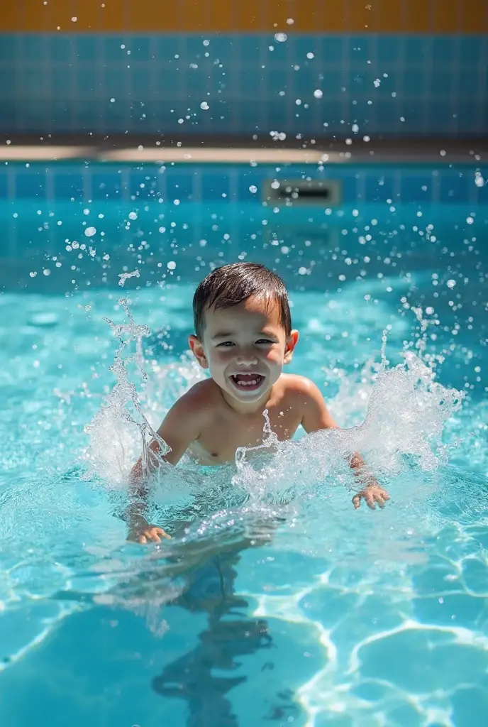 Real child, swimming, orange briefs, happy laughter, high nose