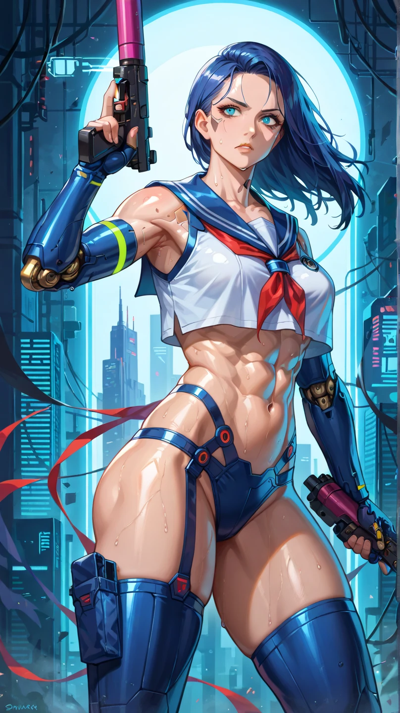 ultra-detailed, ????????, Beautiful body, Beautiful Nose, Beautiful character design, perfect eyes, perfect face, ultra highres, 4K, beautiful legs, perfect legs, Nice hands, Perfect hand, Masterpiece, Best Quality, Highly detailed, illustration, absurdres, perfect ???????, street fighter, doll suit, shadaloo doll, dollsuit, expressionless, blank eyes, looking at viewer, red gloves, emotionless, black latex, corrution, mind control, female combatant, full body, hypnotized, unhappy trance, full body suit, ribbed bodysuit, both arms at side, obey, perfect female body, extremely glossy latex, hypnosis, hypnoLora, empty eyes, Mind control device, poses, submissive_pose, Slave, standing straight, standing, standing at attention, hat, necktie, belt, latex, ribbed bodysuit, thighhighs, garter belt, Fighting Stance, extending the right arm from the shoulder into the air with a straightened hand, military, thigh boots, (((pixel-perfect, detail-perfect))), solo, 1girl, hair ornaments, long hair, blue hair, ponytail, hair ribbon, brown eyes, Tsuruga Ami, Megami no Cafe Terrace, huge breast,