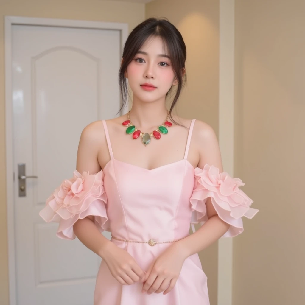 (((best quality))),(((ultra detailed))),(((masterpiece))),illustration,((1girl,solo)),(shoulder-length straight bob:1.2),(black hair:1.3),((bright eyes,flawless skin)),((slim,thin)),((small breasts,flat chest)),(dog collar with a bell:1.2),(pink sheer dress:1.3),(slender legs:1.2),sweetheart neckline,innocent yet alluring,(In a pink princess theme bedroom:1.3),(standing:1.3),(colorful gift box:1.3),wonderful expression,big bows,festive atmosphere,balloons and streamers,sunlight streaming in,radiant smile,anticipation,joy and excitement,capturing a moment of pure happiness,((from front,upper body))
