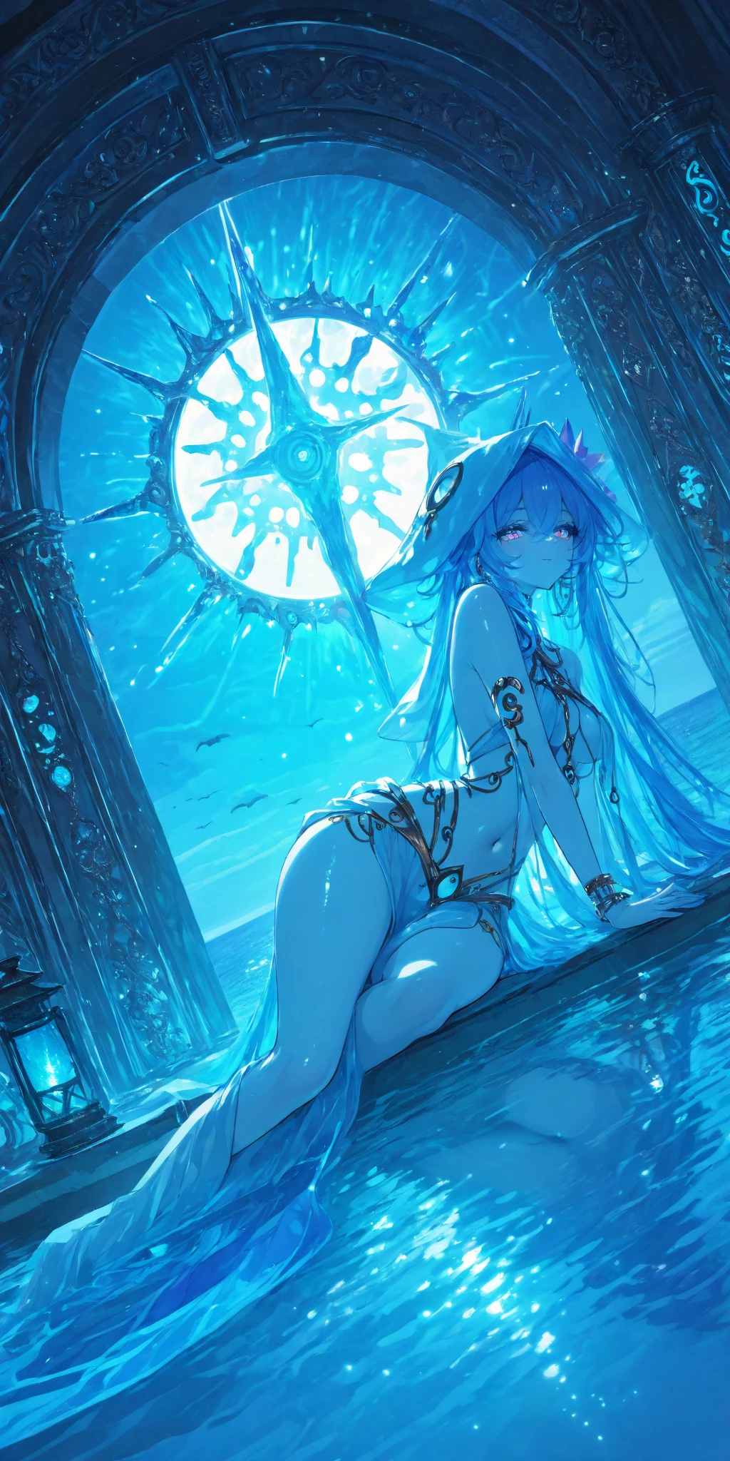 Color (Fantasy: 1.2), (Hayao Miyazaki style), (modern building submerged in the sea), patchwork cottages, flower decorations, lights, concept art inspired by Andreas Rocha, Artstation contest winner, Fantasy art, (underwater city), 1 girl, large breasts, (nude), (completely nude:1.1), (multicolored eyes), (heterochromia), (messy hair), (sapphire hair:1.3), (long ponytail), (hair over one eye), (wavy hair:1.1), ross tran, light shafts, realistic lighting, masterpiece, high quality, beautiful graphics, high detail, masterpiece, high quality, beautiful graphics, high detail, --v6