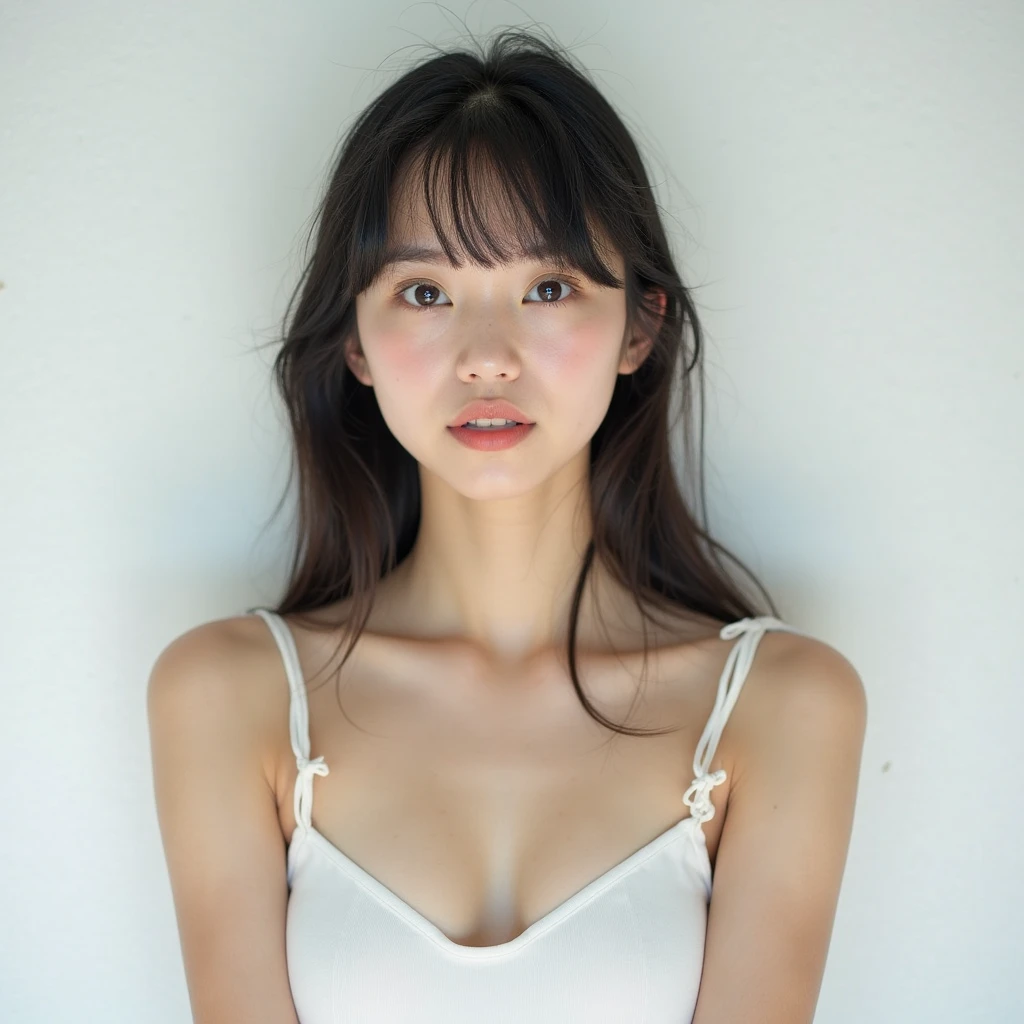 Real, highest quality, girl, high school girl, high resolution, natural skin, portrait, looking at camera, Photo_Light, {{}}, Ulzzang-6500-v1.1:0.8 Forward facing, upright, no makeup, inorganic white wall indoors In front of him, big eyes, swimsuit, whole body, smile, serious honor student, black hair that is neatly styled straight, toned abs, forehead sticking out, whole body facing forward.