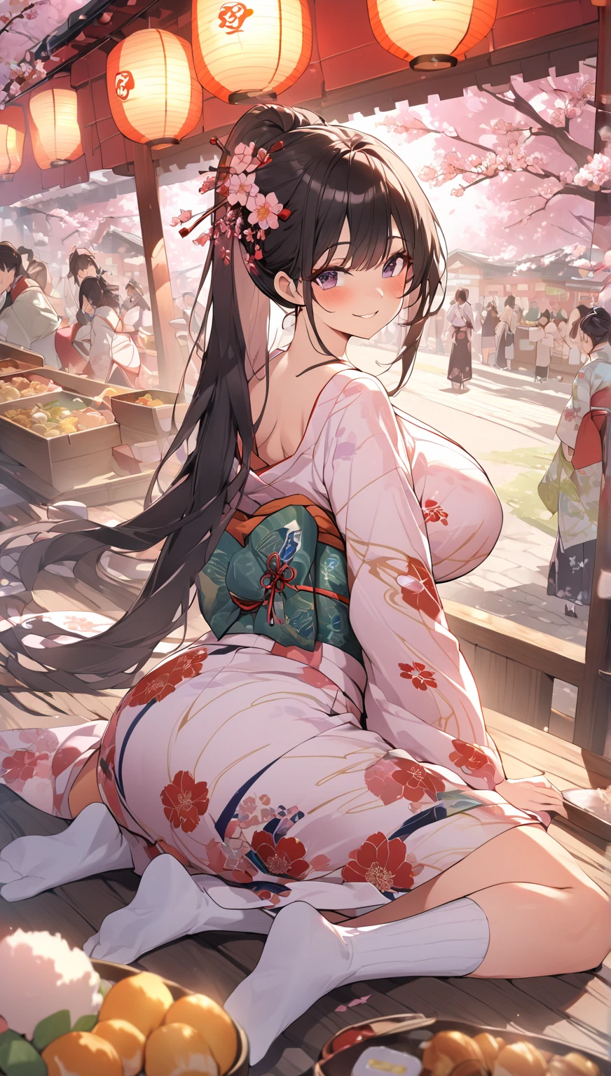 One Woman、beautiful girl、evening、kimono、Beautiful patterned kimono、ponytail、Waraji、School、Back of the school building、spring、cherry blossoms々、はためくcherry blossomsの花びら、Long Hair、Highest quality、Ultra HD、Black Hair、smile、8 heads、White tabi socks、Japanese Umbrella、smile、Cowboy Shot、festival、Many food stalls、Beautiful views、Big Breasts、kimonoがはだけて下着が見える、white lace bra、white lace panties、Lie on your back with your legs spread、Have a、Tipsy、Wine Bottle