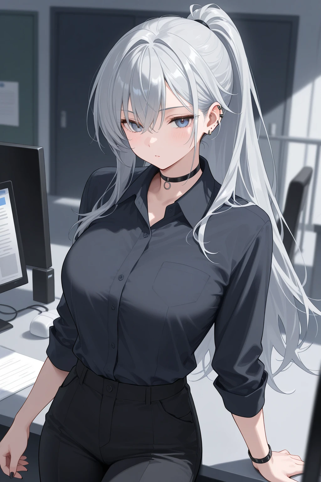 (Highest quality, High resolution, Very detailed), 1 female, Silver Hair, Long Hair, Reddish brown eyes, office staff suit skirt, lace thong, secretary, 24th generation, Beautiful woman, mature, quiet, Calm, Large Breasts, A small smile, office,