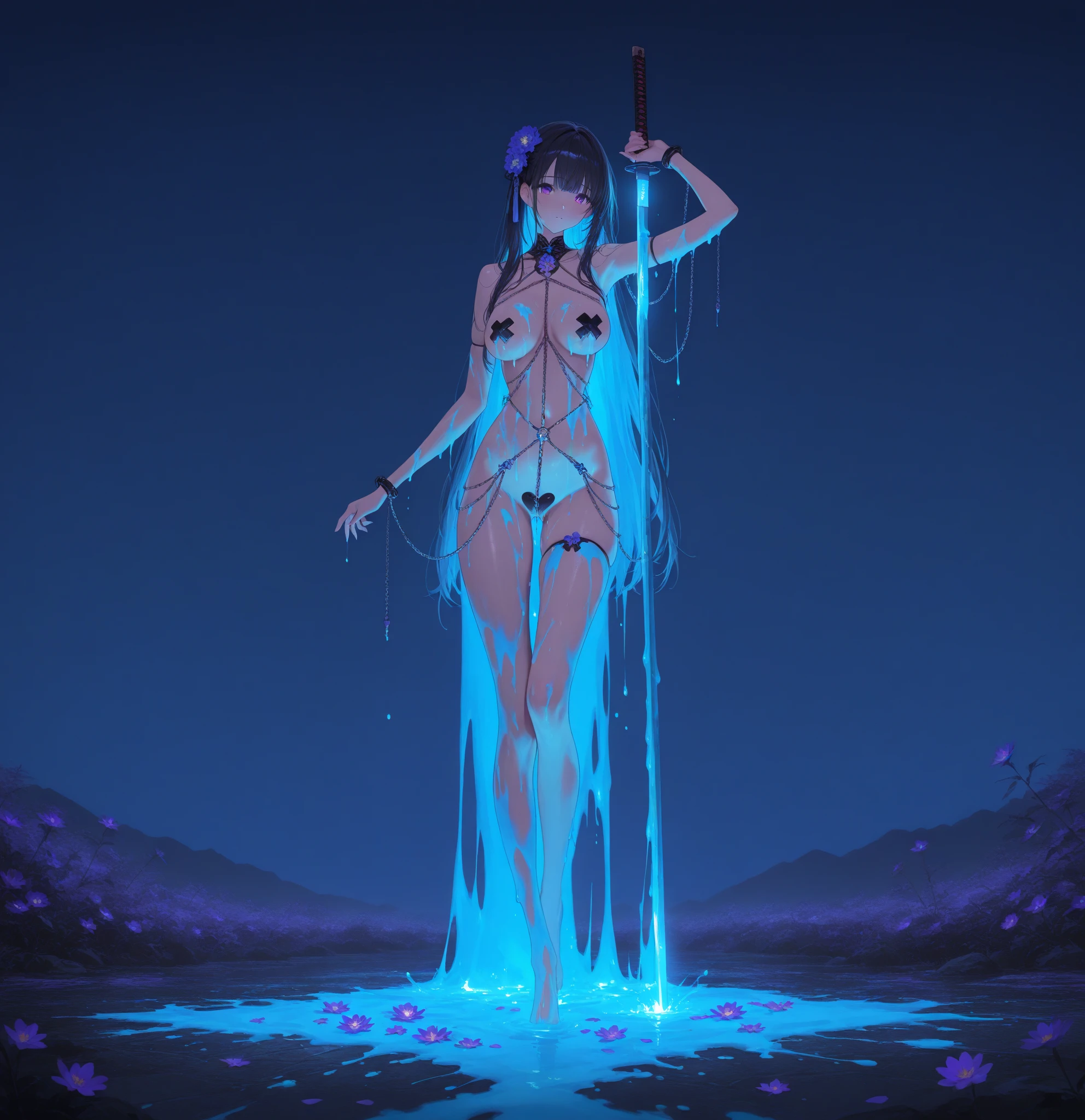 outdoors(sunny), ((anal beads) protruding from anus), (exposed pussy)wet(pussy juice)(spread labia)(erect prominent clitoris)(urethra squirting juice), (short height)(young girl), nude, ((light blue) tiny triangle (bikini top))only, (huge round breasts)(big boobs), narrow waist, belly button, small hips, (bare underbody)bottomless(bare vulva)(bare hips)(bare pussy), (thin legs)(bare legs), sneakers, (blue ponytail)(white ribbon), orgasm, outdoors(sunny), (Highly Detailed CG Unity 8K Wallpaper) (Better Quality) (Better lighting)
