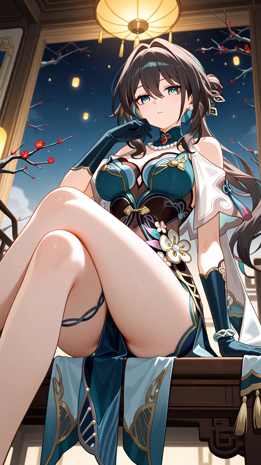 (Enrich your photos,Masterpiece quality)Beautiful 8K CG artwork,Goddess-like posture,Kneeling exercise,Slim and soft,Translucent skin,Black Hair、Beautiful look with long and messy hair,The skin is white and juicy,Big JK uniform,Point of View Part 1.Silhouette effect is doubled,Exquisite transparent blue pattern on pajamas,Every detail is carefully crafted,The background is a bit blurred,Attractive and seductive legs temptation,Drooling,Extra-large breasts,blush,