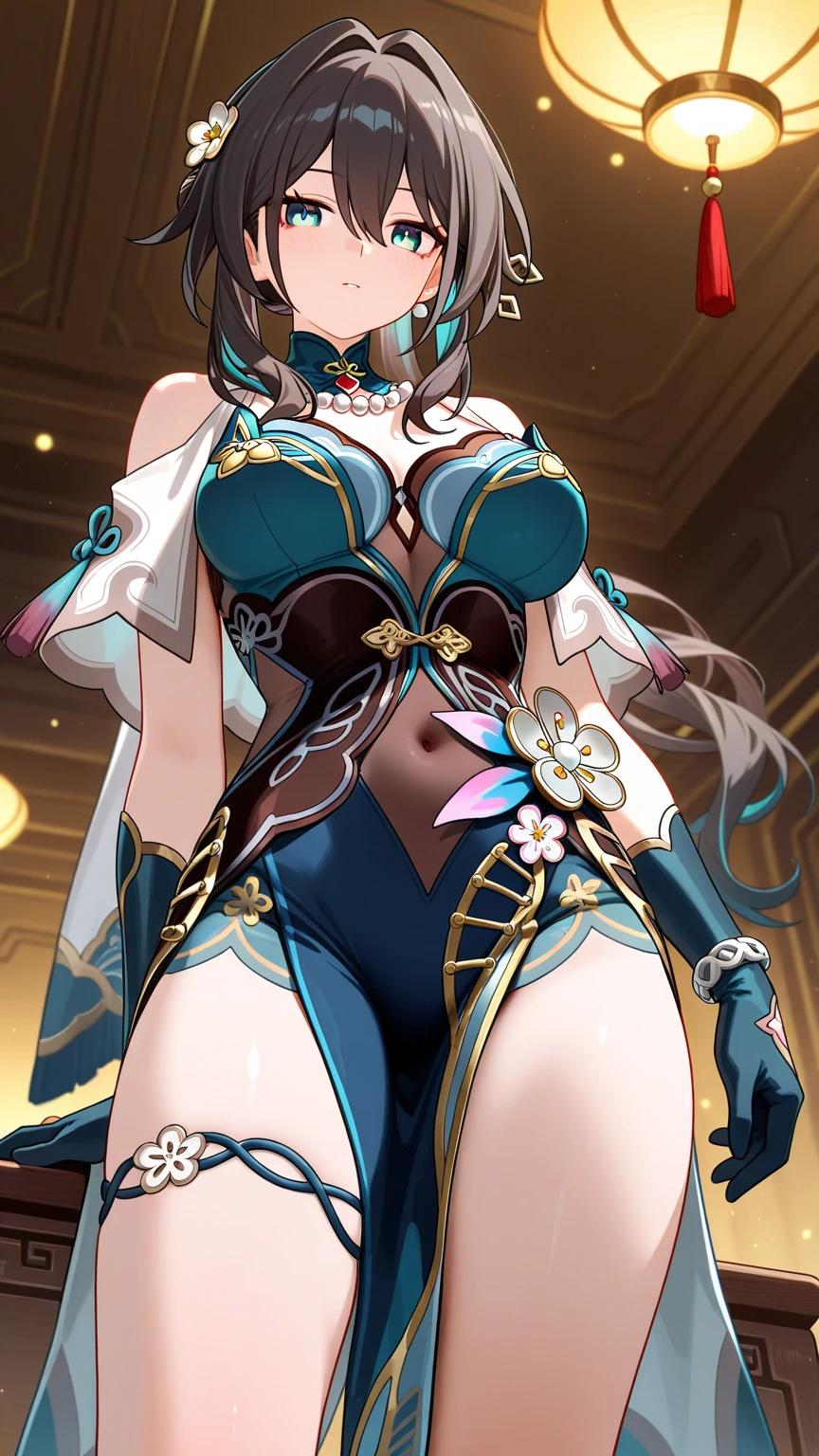 (masterpiece), best quality, expressive eyes, perfect face,1girl,thoma \(genshin impact\), genshin impact,izakaya,(cross magic wand),holding,holding wand,shy smile,blush,cowboy shot,glowing eyes,big breasts,cleavage,long hair,strapless,bare shoulder,magical girl,studio lighting,(sparkle:0.9),(glitter:0.9)