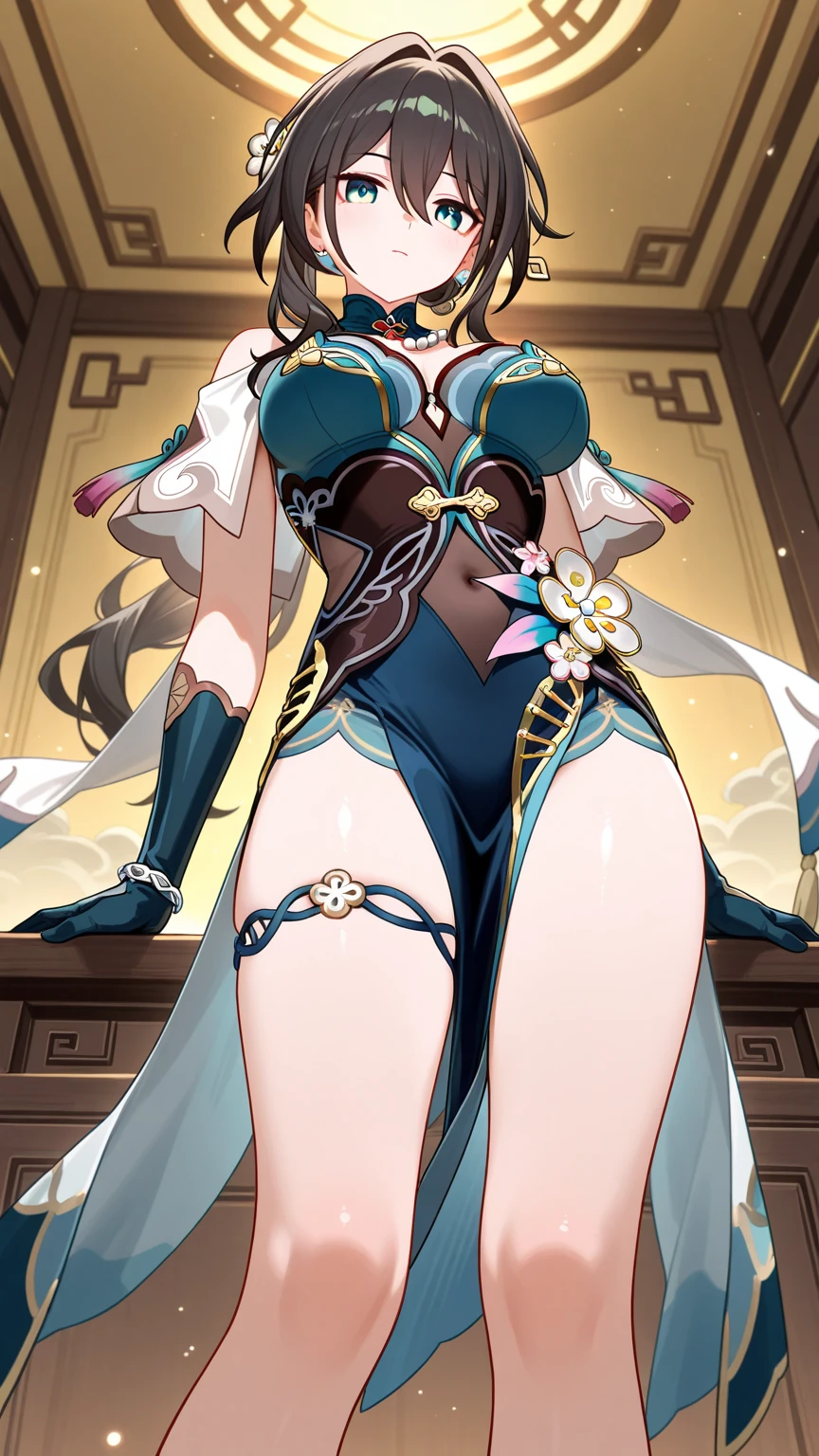 (1girl),   suqingge, 1girl, solo, long hair, black hair,  jewelry, earrings,  large breasts, blue eyes, masterpiece, best quality, highly detailed ,glint,halterneck,gold_choker, complex detailed background,
inside, stone wall, ancient interior, ancient egyptian room, hieroglyphs, dark lighting, dark
atmosphere, (cowboy shot), holding a sword, sword, belly_chain,harem_outfit,navel, necklace,
pelvic_curtain,revealing_clothes, veil，masterpiece,best quality,1girl,mature,evil smile, smile,
female,mature,necklace,pendant, (nsfw) not safe for work, exposed belly, exposed navel, exposed
midriff, exposed lower belly, navel piercing