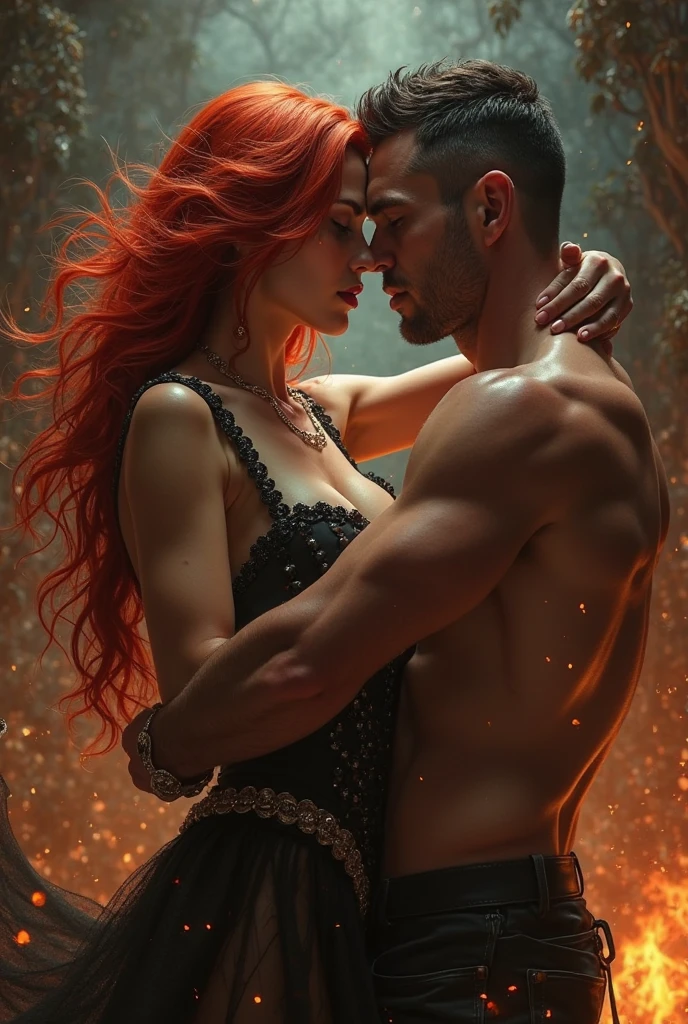 masterpiece，Highest quality，Rich in details，high resolution，flame/fiery的焰/flame，Dynamic Scene Scale 1.3，Romantic couple kissing in the fire，Firestorm，on fire，Bizarre fantasy image，Excellent skin texture，Magic Circle，Casting a Spell，strange，紫色strength，strength，fiery，meteor。