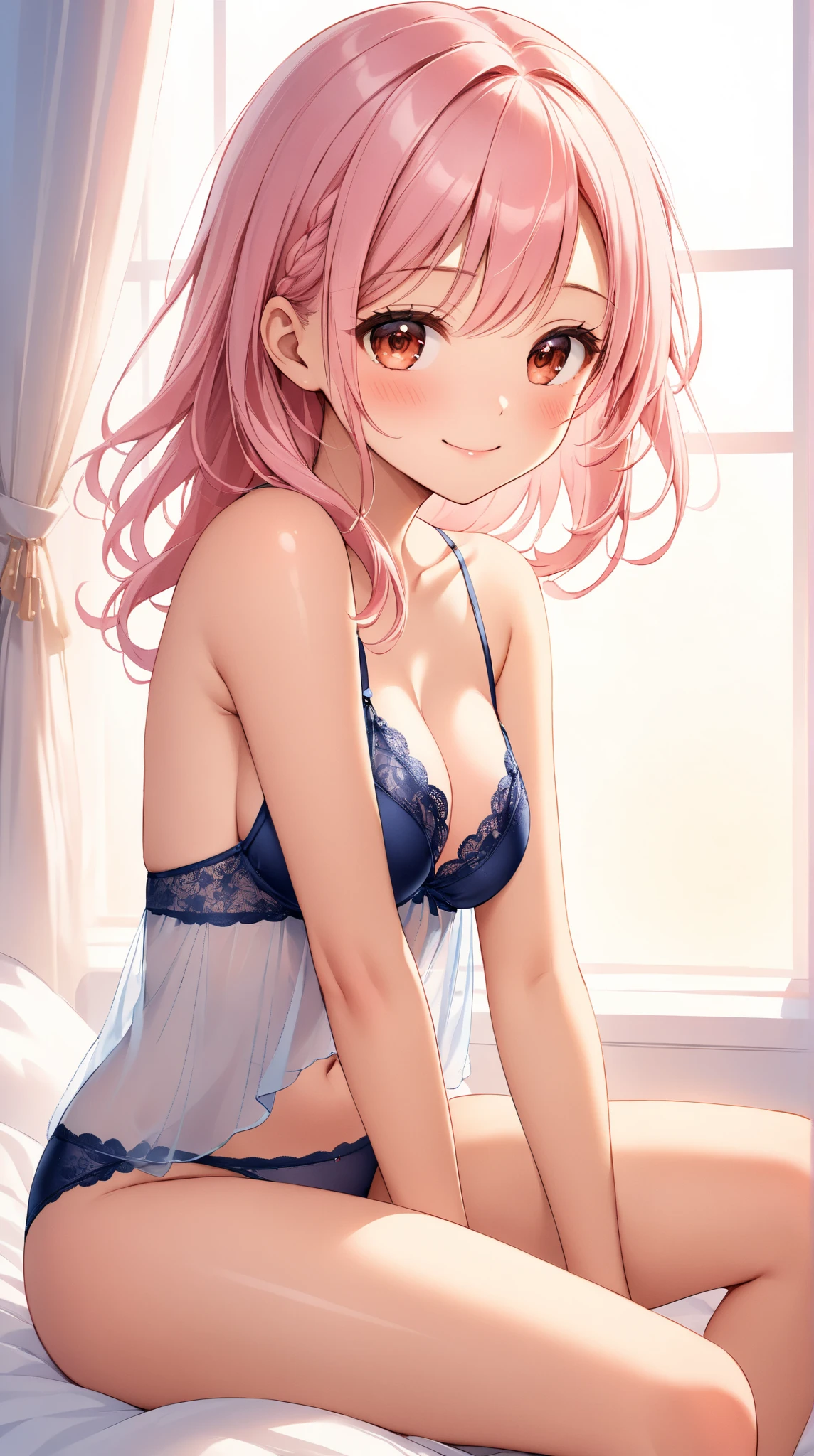 ((8k, Highest quality, masterpiece: 1.3)),Ultra-high resolution,(1 girl, alone), (Color changing eyes, Ultra-detailed, Expressive brilliance, Glitter, Glowing Eyes), Highly detailed eyes, Highly detailed face, Random Hair, ((pastel colour)), A playful young woman with pastel pink hair styled into a messy bun, sitting on the edge of her bed in her softly lit bedroom during the calm of early evening. She is wearing a light purple bikini, and as she absentmindedly looks at herself in the mirror, (she slips her hand inside the top of her bikini, adjusting it with a thoughtful expression on her face). Her cheeks flush slightly, giving her a subtly shy look. The camera captures her from a side angle, focusing on her relaxed posture and the delicate way she adjusts her bikini, with the warm, golden light from the setting sun softly illuminating the room and creating an intimate atmosphere.