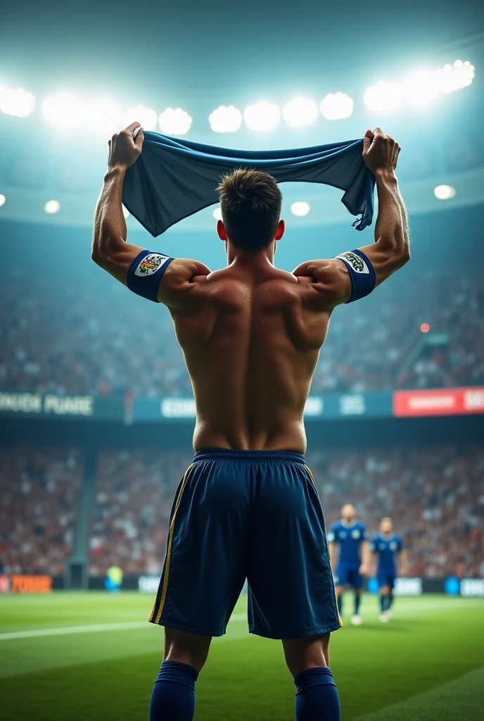 shot of a arafed rugby player , stand with short hair and a muscular, he is shirtless gigant hairy chest. He is being pushed onto the field by his teammates. The player is shirtless olmost naked , His teammates laufing are surrounding him, removing his clothes and touching his body parts. The background is a rugby field with grass and a white line. The lighting is bright