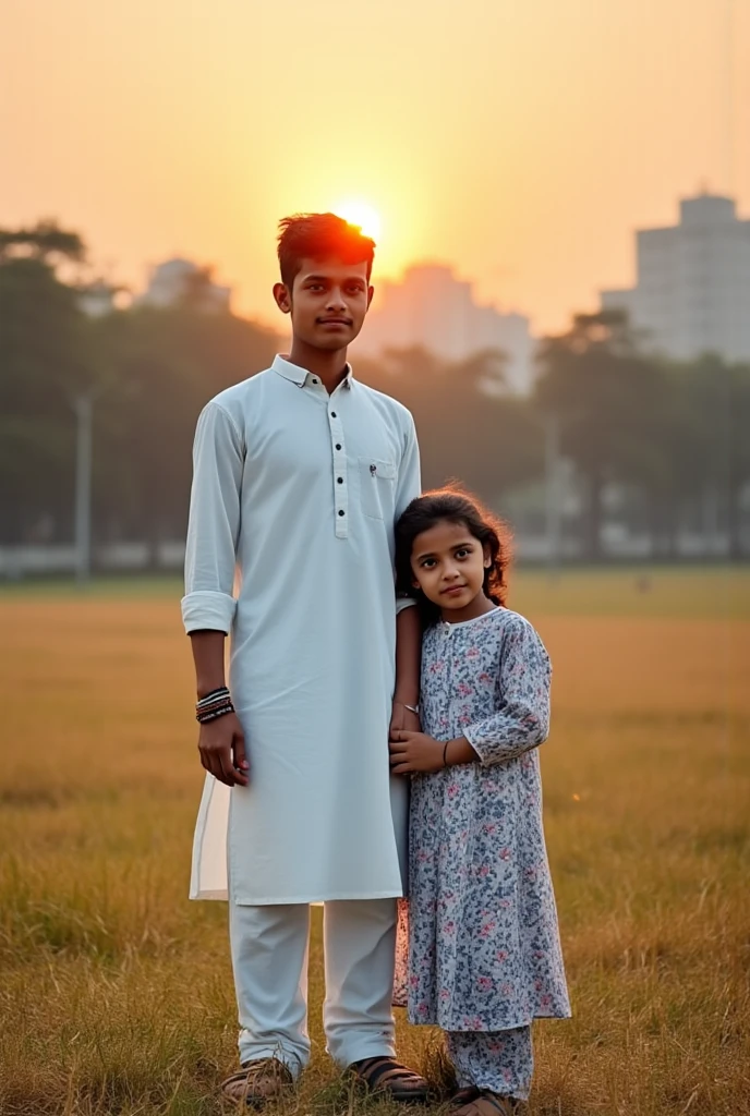 a handsome Indonesian man, clean face, faint smile, wearing a white t-shirt that says "ZEATAMA", luxury white watch, sneakers, with a beautiful daughter, 8 years old, wearing a hijab, touching a puddle of water there is a photo of a beautiful woman, smiling, background of a clear blue lake, bright moon at night