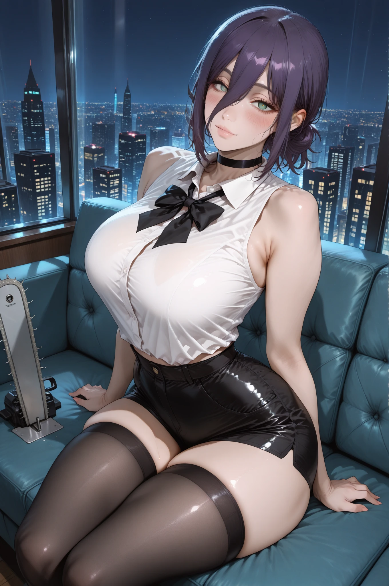 masterpiece, best quality, wallpaper, 1girl, purple short hair, black hair, sky blue eyes, hair accessories, cute, innocent, off-shoulder sweater, , brown tight skirt, 35 years old female, innocent, safe for work, wholesome, city streets, night, fashion, mature face, mature body, slender body, slender legs, medium breast, sitting pose, front view, embarrassed face, front view, low angle, black pantyhose, sleeve-less shirt, brown jacket, glasses, perfect hands, panty visible, underwear visible, lifting skirt up, wearing choker, moe, earrings,
