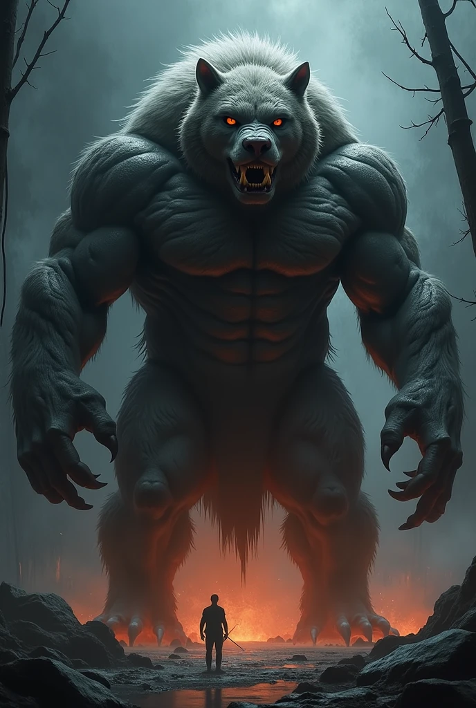 A burly, virile, and hairy werewolf with distinct wolf ears and a bushy tail, standing tall and proud against a full moonlit sky. His fur is thick and majestic, framing a powerful physique that is overmuscular and musclebound to the extreme. His broad shoulders and massive chest are accentuated by a thick mane of fur that cascades down his torso, while his overly thick arms and legs are covered in a lush, dark fur. The werewolf's body is a hulking figure, swelling with swollen muscles, veins bulging against his skin. His face is dominated by a long, bushy beard and a thick mustache, and his hair, which is beginning to grey with age, only serves to add to his rugged and imposing appearance. He is dressed in a traditional fundoshi, a Japanese loincloth, which struggles to contain his immense size and bulk. The werewolf's eyes glow a chilling shade of amber, reflecting the power and ferocity that simmers just beneath the surface of his burly exterior.