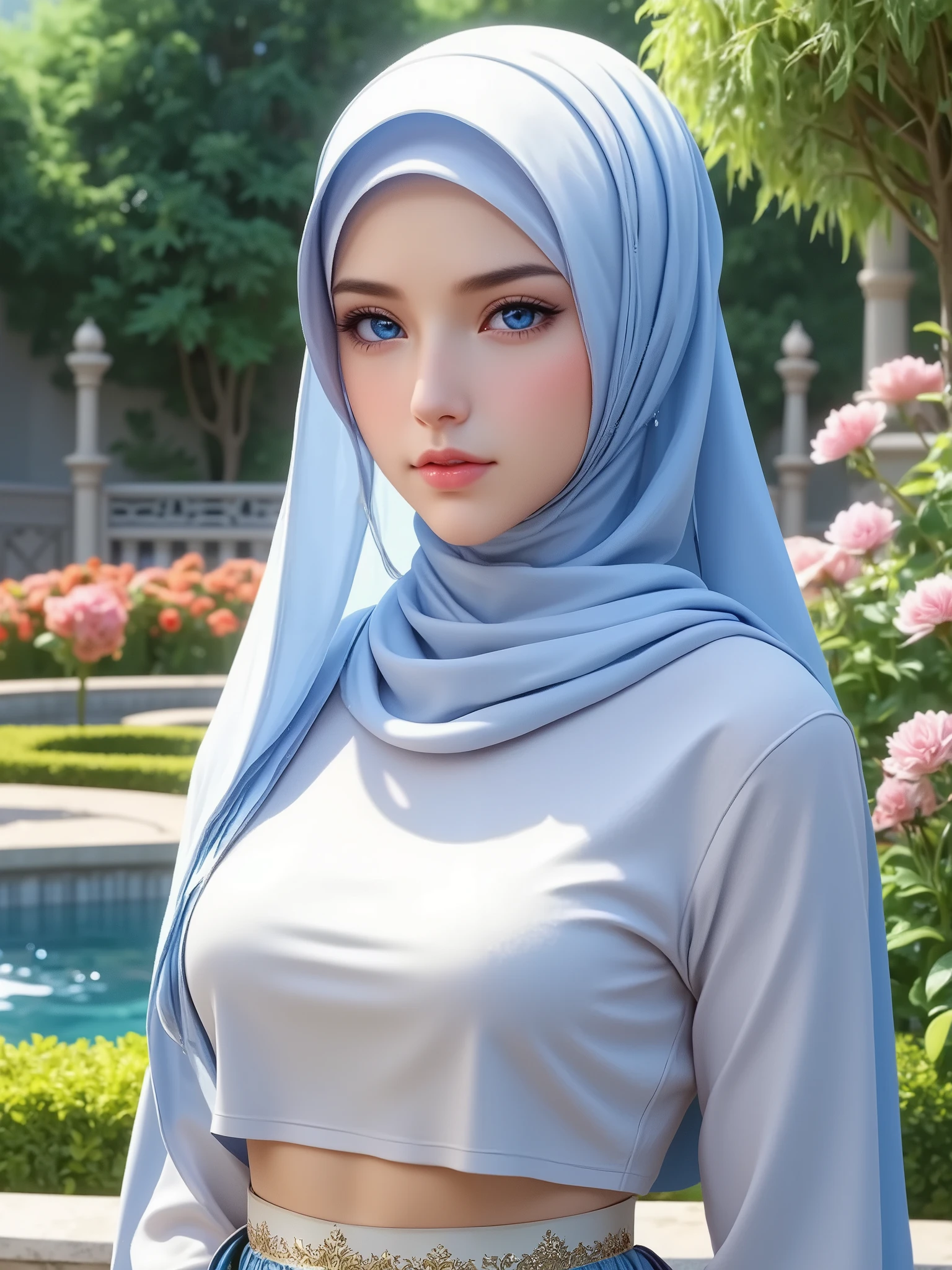A beautiful young woman, (1girl), casual hijab outfit, detailed face, alluring eyes, full lips, large bust, turtle neck t-shirt, gray vest, outdoor setting, selfie, soft lighting, warm colors, (best quality,4k,8k,highres,masterpiece:1.2),ultra-detailed,(realistic,photorealistic,photo-realistic:1.37),cinematic, beautiful detailed eyes, beautiful detailed lips, extremely detailed face and eyes, long eyelashes, intricate clothing textures, elegant posing, warm smile, romantic atmosphere
