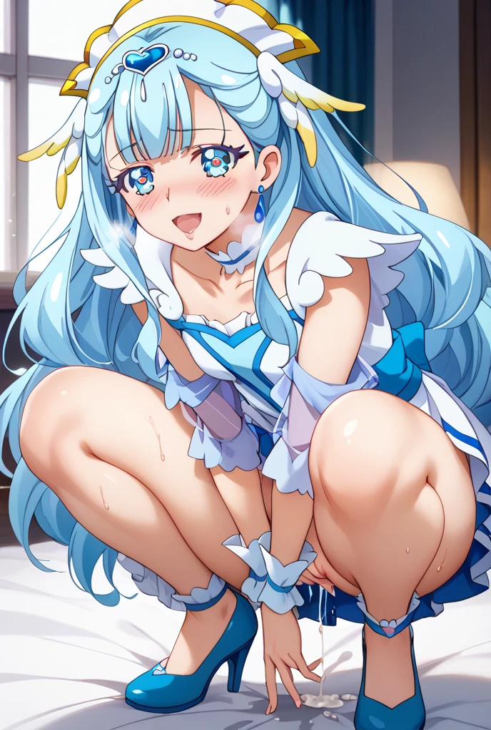 1girl, miyako (princess connect!), (princess connect!),(saliva),nsfw,(piyodera mucha), open mouth, skirt, smile, pantyhose, scarf, sleeves past wrists, pleated skirt, :d, two side up, (saliva),nsfw,1boy,bare crotch,penis,(girl trembling with sexual climax:1.2).(vaginal,sex),(open mouth),smile,tongue out,,lying on bed,pov,girl on top,cowgirl position,((from below,focus on vagina)),bedroom,indoors,((speed line,motion line,motion blur,motion blur:1.3)),flat_chest,leg_spread,((nipple,open Clothes)),sweat,heat, bare shoulders, (half closed eyes),adjusting clothes, blush,white footwear, sleeves past fingers, long sleeves, long hair, black legwear, very long hair, blush, blue hair, white jacket, aqua hair, looking at viewer, ,(masterpiece,best quality,high quality),