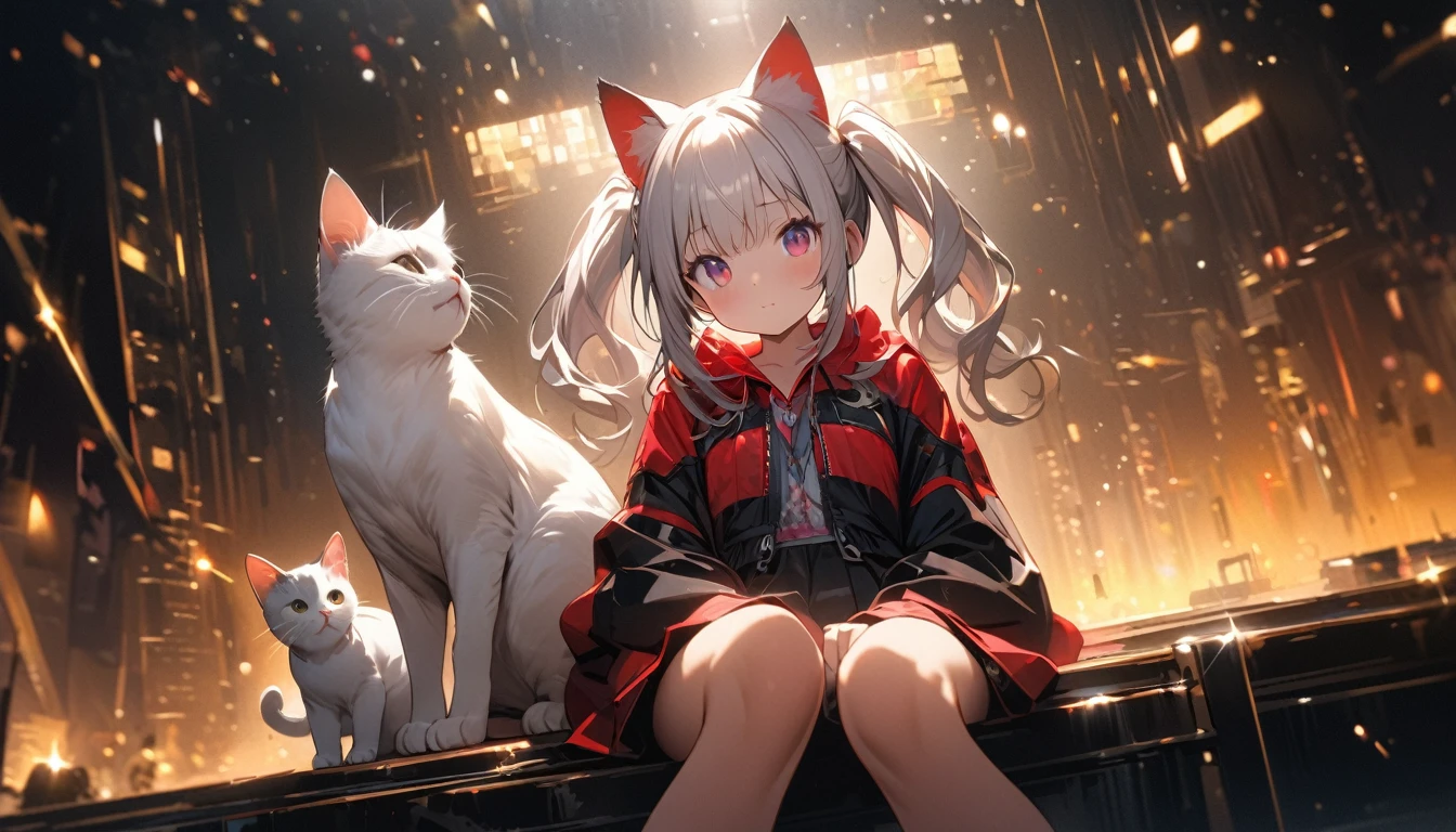 Anime girl sitting in front of a building, anime style 4 k, A, Very Beautiful Anime Cat Girl ,Anime 4K, Anime art wallpaper 8k,Anime girl with cat ears,Buildings and cliffs eroded by vegetation,Background Main,arknights、made in abyss、Chinese style illustration、Fantasia、detailed digital art、Beautiful、detailed portrait of an anime girl、hi-school girl、military outfits、a sailor suit