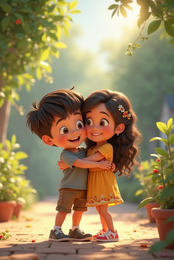 SIDE VIEW CAMERA OF ((masterpiece, best quality)), award winning, 4k, 8k, 3d pixar animation character, visible face, SIDE VIEW, a SIDE VIEW CAMERA OF ((masterpiece, best quality)), award winning, 4k, 8k, 3d pixar animation character, visible face, SIDE VIEW, a 25 YEAR OLD woman NAMED BRISA, portrait, beautiful, cute, yellow shirt, yellow pants, light long blue apron, pink sneakers, long plaid blue hair, light tan skin, brown eyes, ((Perfect Hands)), UHD, 8K, her pose is HUGGING A 14 YEAR OLD LATIN BOY wearing yellow long sleeves shirt, green pants and a green backpack WHO IS CRYING, BRISA IS CRYING ALSO WHILE SHE CONFORTS THE BOY WITH HIS GRIEF, BACKGROUND IS: ((masterpiece, best quality)),3d illustration of countryside el salvador, a big, tall and wide amate tree behind with a big hole in its trunk) emotional moment of grief