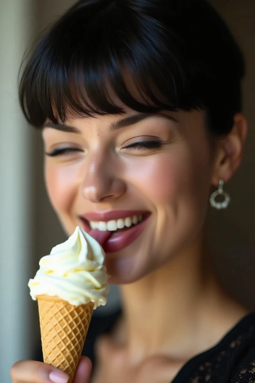 Create an intimate image of sexy nurse with short black hair, ample cleavage, big blue eyes and long eyelashes, wearing a pink negligee. She is sitting Indian style on the sofa. She is rubbing her lap. Her head is tilted back and her mouth is open wide. She is yelling. She is sweating. She is licking a big pink ice cream cone and the vanilla ice cream is dripping on her chest. Her clothes are dirty.