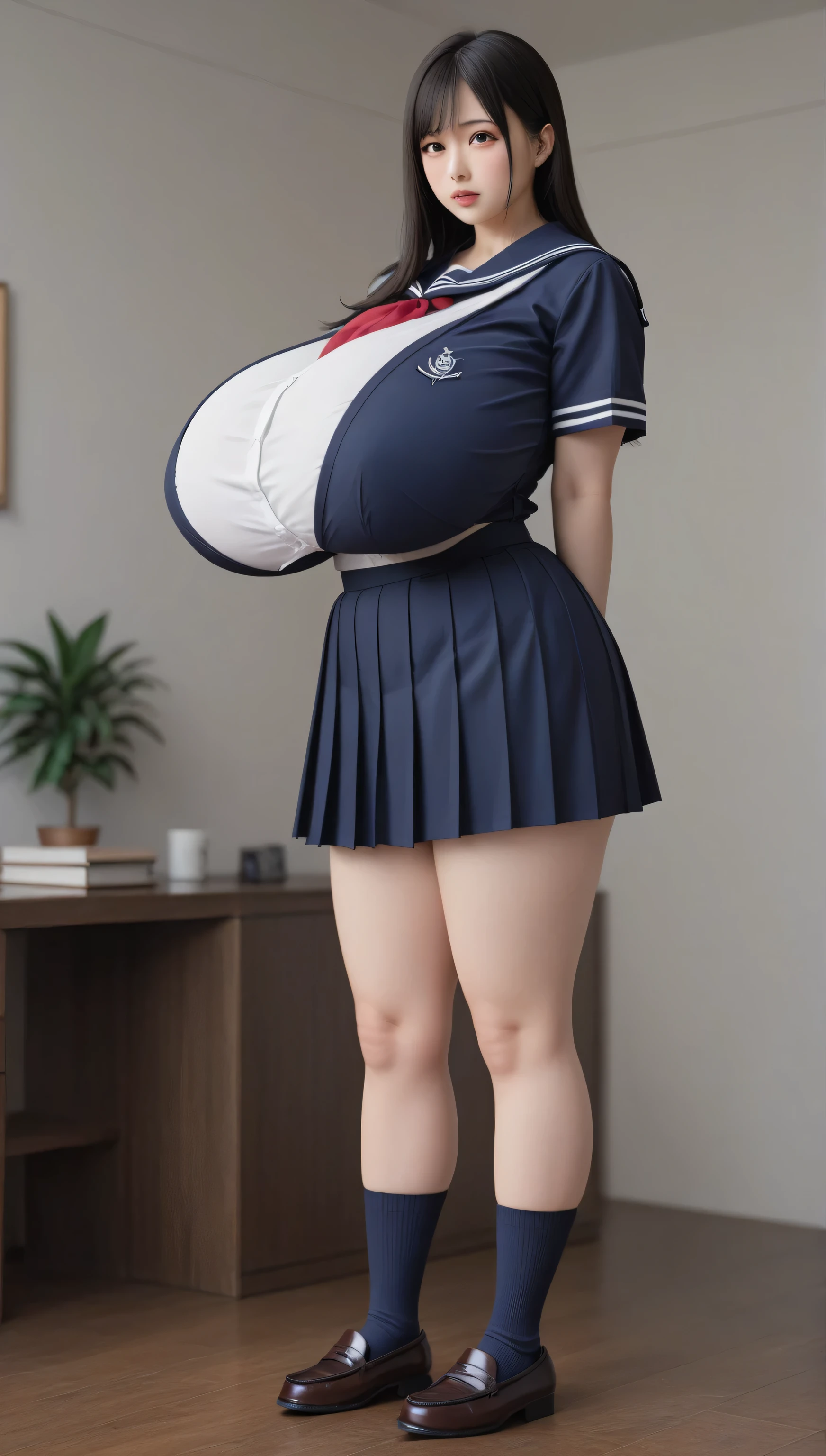 score_9, score_8_superior, score_7_superior, score_6_superior, score_5_superior, score_4_superior, Destroy , Source_anime, Japanese girl,Lily_ Aquarium , relatively white skin , young woman , black hair, . Her picture frame is slightly split on the right、It covers most of her left eyebrow. she also has 、has very beautiful soft dark brown eyes surrounded by long eyelashes, I have a black mole under my left eye, ((high school sailor suit)), ((dark blue socks)), ((Student loafers)), (((extremely huge unbelievably :1698.99))), 厚い筋肉質の太もも, ((very embarrassing)), constricted waist, Lower side, dynamic angle in a basement , (((anatomically perfect body)))