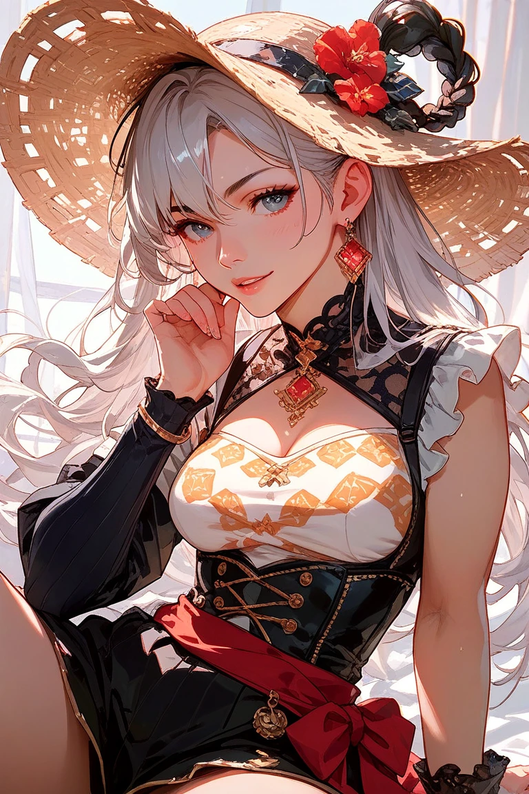 masterpiece, best quality, aliza, ponytail, red eyes, headpiece, horns, black sweater, jeans, from side, sitting, stairs, porch, large breasts, looking at viewer, smile, salute <lora:aliza-nvwls-v1-000012:0.8>