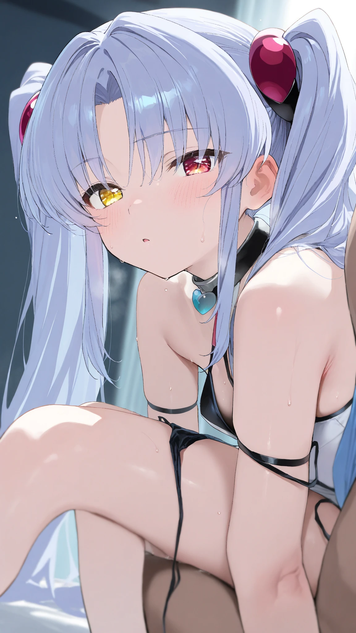 Beautiful foxgirl, large breasts,purple hair with pink highlights tips, masterpiece , red eyes, sexy, anime styled, 2D, mature, dynamic angle, long hair, fox tails, best quality, extremely detailed face, sharp details, high contrast, black bikini, beach, night time, popsicle