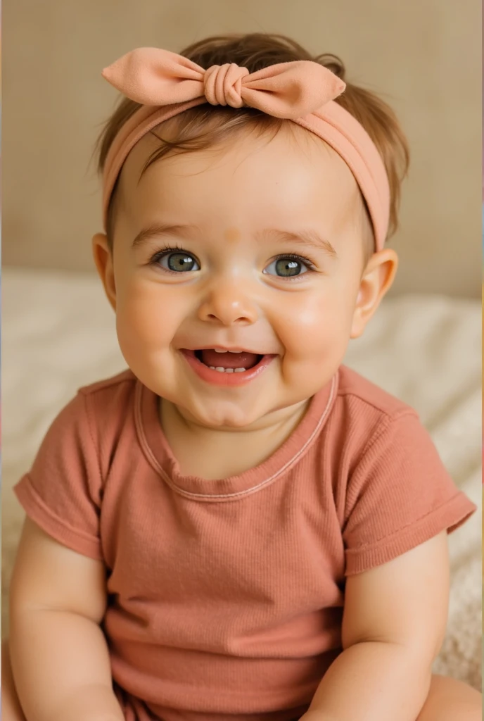 Baby about 5 months old , sitting with pink flamengo shirt, and hair tie