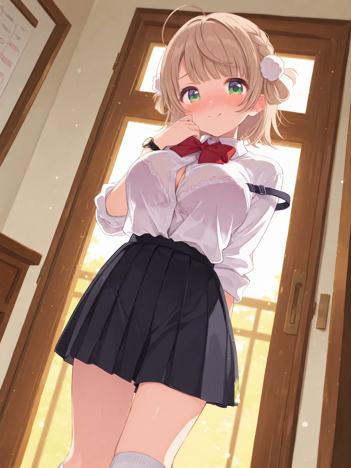 top-quality、masutepiece、1girl in、platinum-blonde、Bob Hair、Red ribbons、in one's underwear only、Pink lingerie、to close range、red blush、Kamimei、Staring at this、Cute anime illustration、tits out、lighting like a movie、top-quality、High school girl pulling her panties down to her thighs in a school classroom、Laugh、Nearly taking off your panties、ripped school uniform