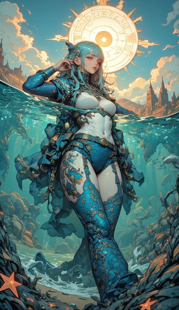 surreal dark fantasy underwater theme fantasy, Atlantean destroyed ruins  broken statues, 3D CGI ultra textured strong contrasting shadows and shading, ultra-detailed brilliant intricately detailed beautiful Australian woman fully clothed in a haute couture paint splattered overalls painting underwater seascape self-portrait, ultra-realistic lifelike, near perfection, surrealistic wet-on-wet watercolor splash art ink wash, deep rich vibrant ruby gold lapis lazuli, emerald seafoam opal watercolor Wide angle, <lora:add_detail:0.3> <lora:more_details:0.4>