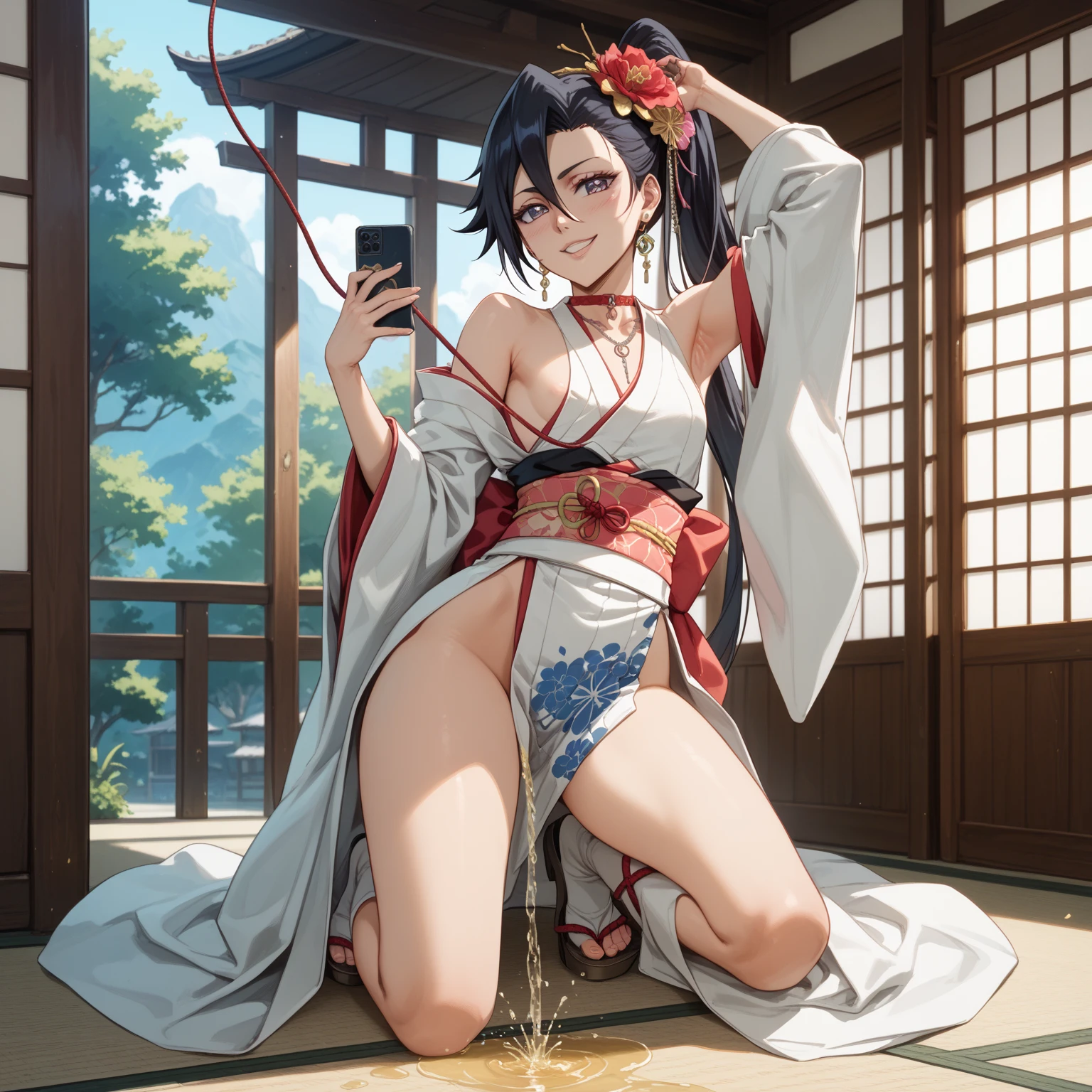 A young woman is drying clothes on the terrace of her house. She is wearing red underwear. Her hips are big. It is evening and it is sunny.