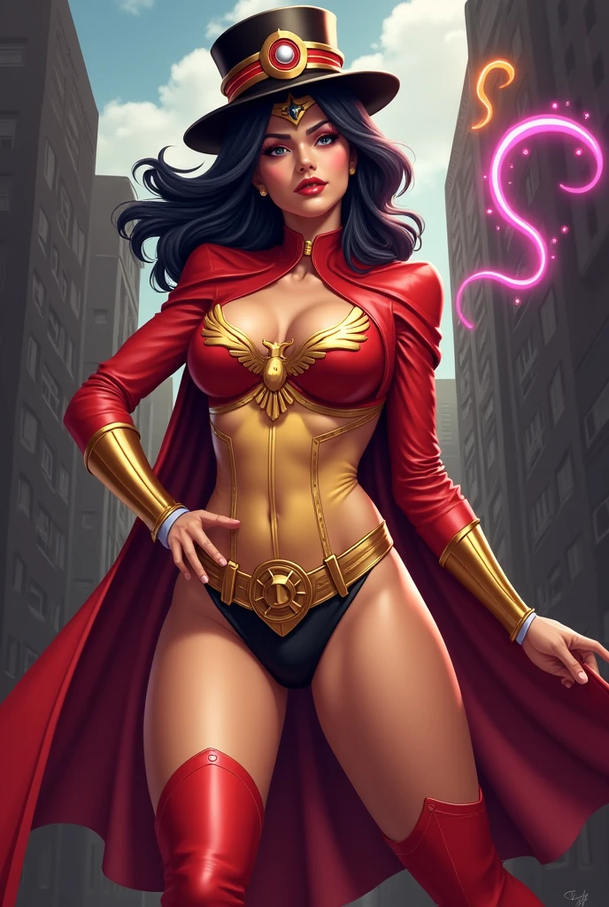(best quality,8k:1.2,high resolution:1.2),ultra-detalhado,Realistic,SUPER HERO female,21 YEARS OLD,long BLACK hair,rosto extremamente detalhados,long eyelashes,all sheer RED LATEX leotard Apertado WITH A LARGE EMBLEM IN THE SHAPE OF THE LETTER "A", RED FLYING CAPE,TRANSPARENT LIGHT beige SHINY pantyhose,GOLD metalic BRACELETS,Physically-based rendering,sharp focus,studio lighting