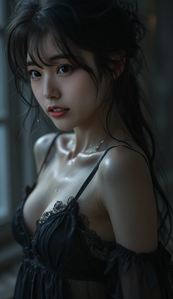 (Photoreal Stick:1.5, masutepiece:1.5, 8K), (top-quality, masterpiece, 超A high resolution), Perfect dynamic composition, Professional camera work:1.4, Highly detailed skin and facial texture:1.3, Mystical portrait:1.3, Grow Light Effect, The ultra-detailliert, 1girl in, ((Night view from inside the building, Pitch black room:0.9, The moonlight at night shines through the glass)), (Christmas costumes), Model body type, Clear face, (beautiful charming eyes:0.9, Enraptured look:1.0, i love you completely:0.8, A mouthfeel that feels beautiful eros:0.7), (wet dark brown medium hair), Christmas tree with decorations, the chest is medium, a necklace, (Leaning against the window, sexy sit), ((seductiv))