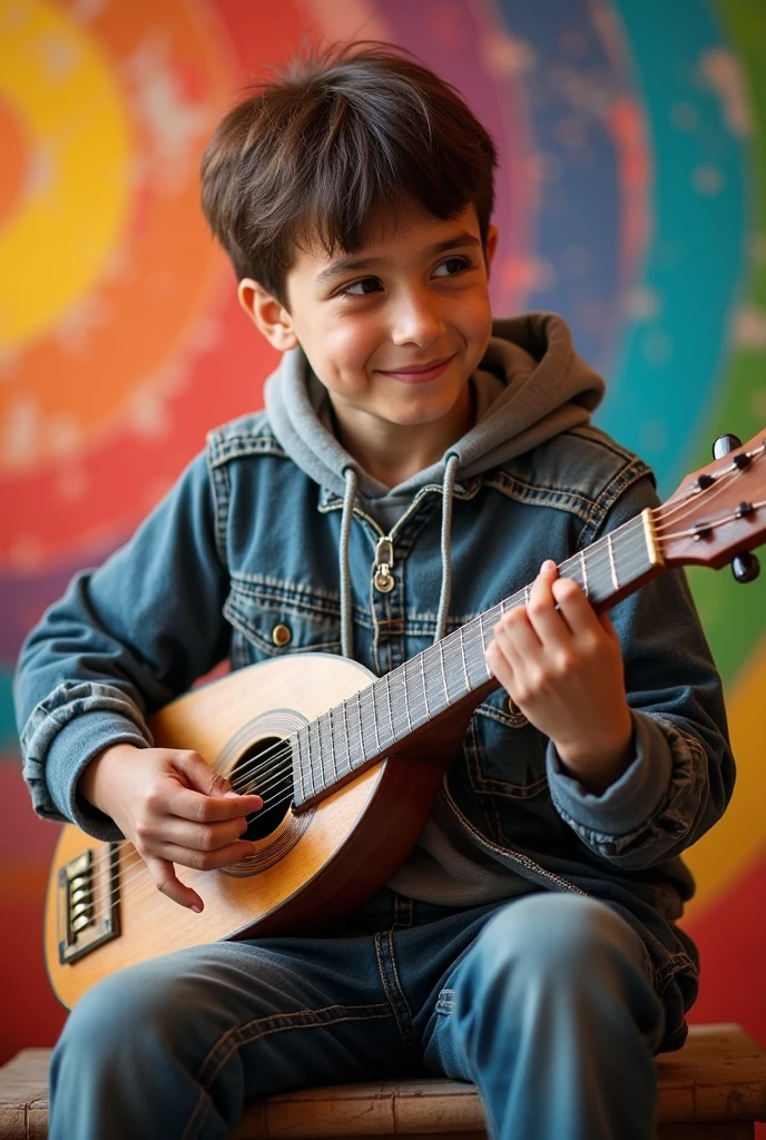 A boy of 2-3 years old in bright clothes with a ukulele in his hand, in the interior of a bright children's room, but without accent details, the boy has 5 fingers and two legs on each hand