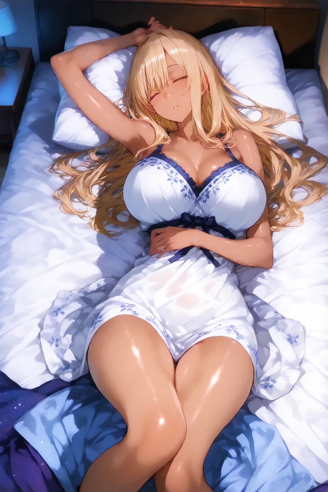 best quality，Super detailed，Perfect limbs，floor、mini skirt，Swimsuit，Bright，one person，blond，Sexy、Deep sleep、long hair、Stockings，Clothes with intricate details