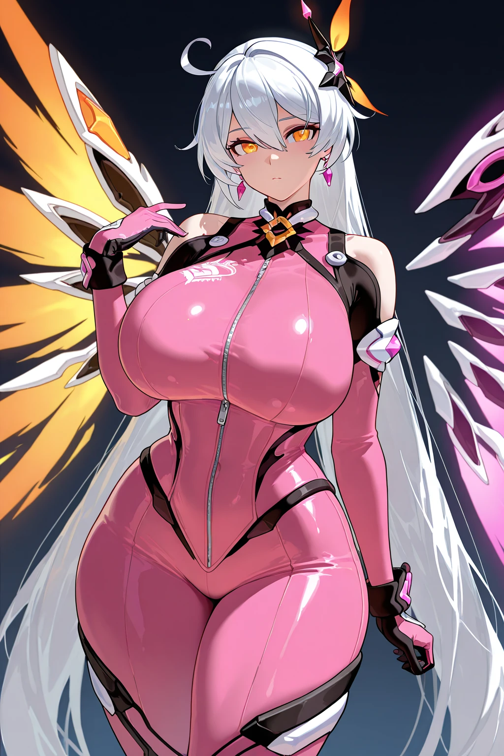 1girl, large breasts, breasts, thick thighs, wide hips, pink hair, long hair, blue eyes, white bodysuit, bodysuit, futuristic, science-fiction, tech, machinery, angel wings, pantyhose, thigh strap, cutout, hip vent, cleavage, serious, glowing eyes, neon, neon trim, glowing eyes, full body, ((full body))