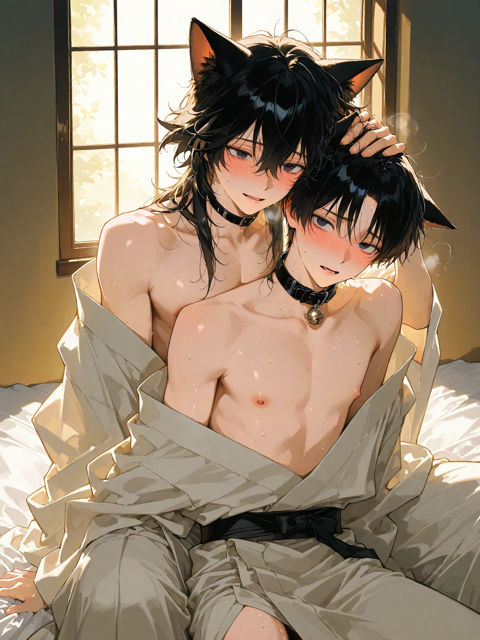 ((Older brother and younger brother))，Two boys with short hair，flat chest，shibari，and sit on the bed，Full body picture，