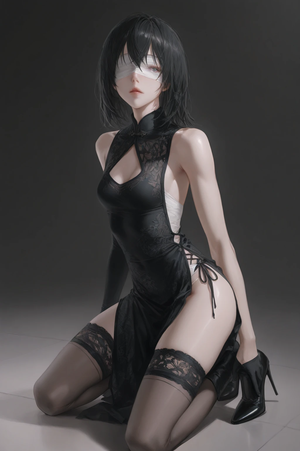 best quality, masterpiece,Black hair, blue eyes, pose, legs spread, bend over from, bare shoulder, [unconcerned, NSFW,], unconcerned, upper body