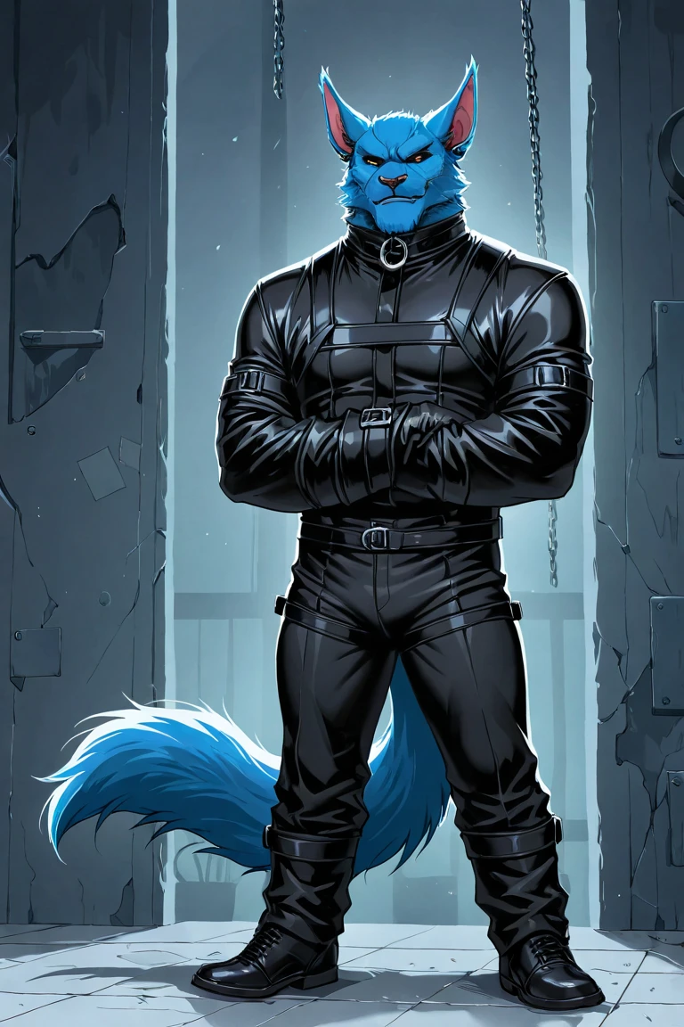 Highest quality, Highest quality, High quality illustrations, masterpiece, Ultra-high resolution, Detailed Background, Inside the Jail, Absurd, Perfect Anatomy, Performance, Good lighting, Shadows in the movie(kemono, Furry Personification), Dragon, Rubber Suit, latex, Earrings, male, Handcuffs, Shackles, Harness, gag, Being restrained, Bondage, null bulge