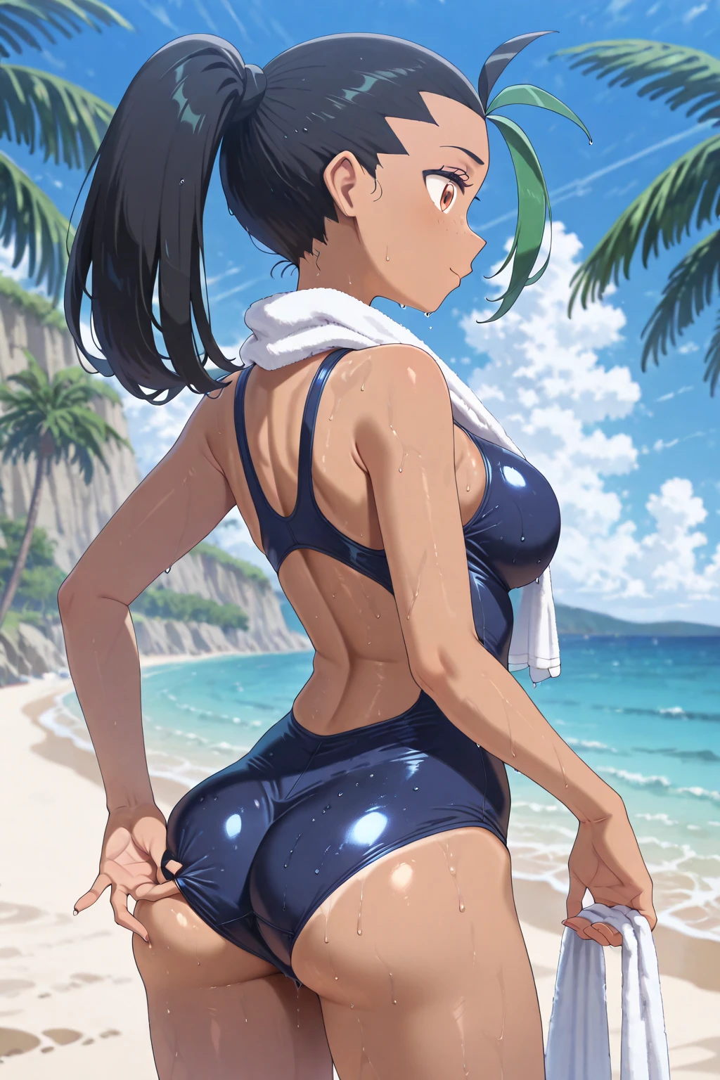 twisted torso pose, ass focus,wearing black swimwear,beach,landscape,dental floss,transparent swimwear,ass focus, cameltoe
