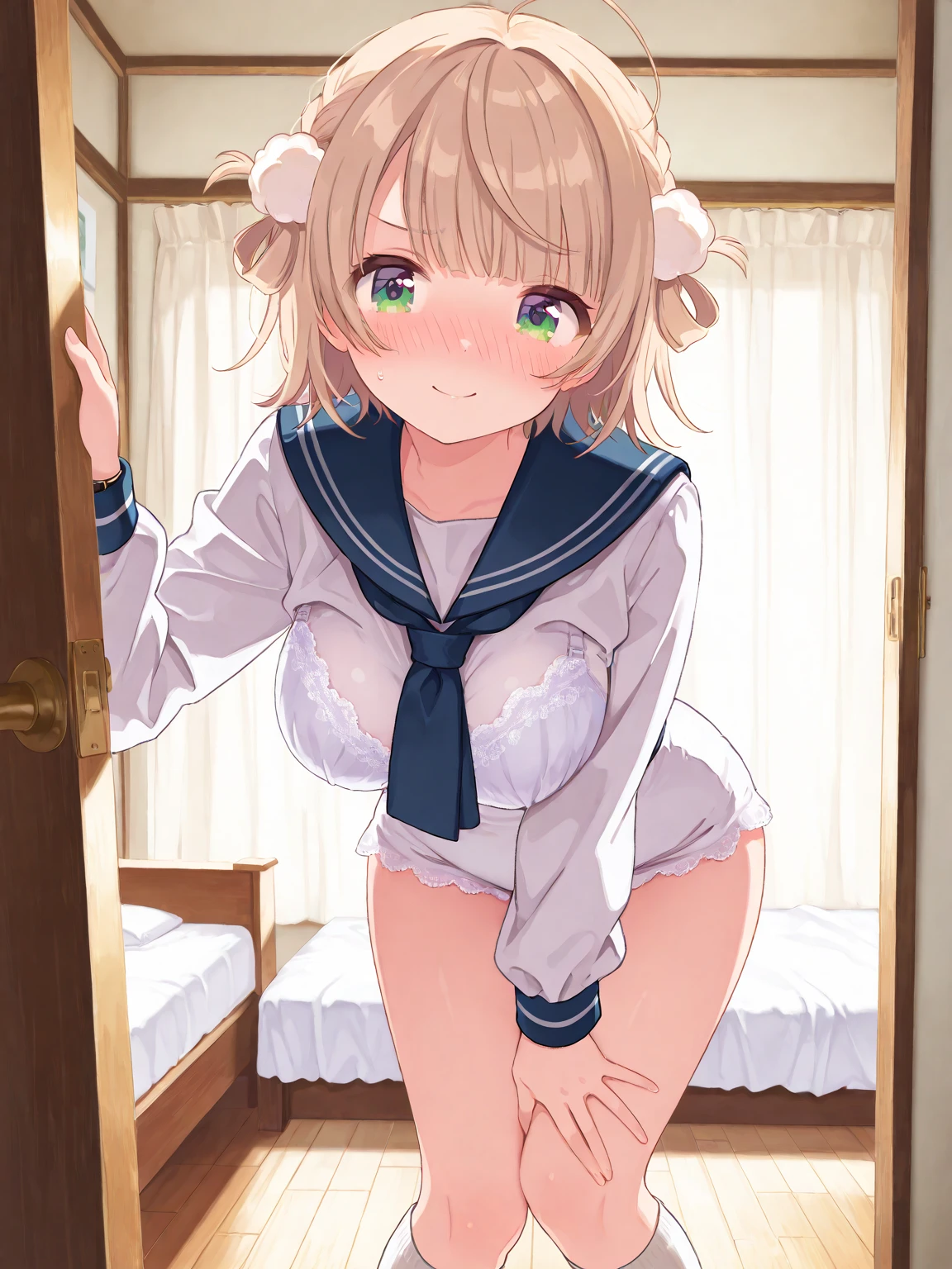 ((masterpiece, best quality)),high resolution, highly detailed, detailed background,8k,16k,perfect lighting,detailed beautiful eyes,1girl,solo,embarrassed,blush,look at viewer,steam,sweat, show off pussy, bottomless,standing,(cowboy shot,from front),from above,(pov:1.4),fisheye lens,skirt lift,(yellow peeing:1.2),spoken heart,seductive smile,open mouth,iochi mari,blond hair,medium hair,fox ear,blue eye,(small breast,short stature,kawaii,tiny:1.3),short stature,over size head,(school sailor,sky,summer),