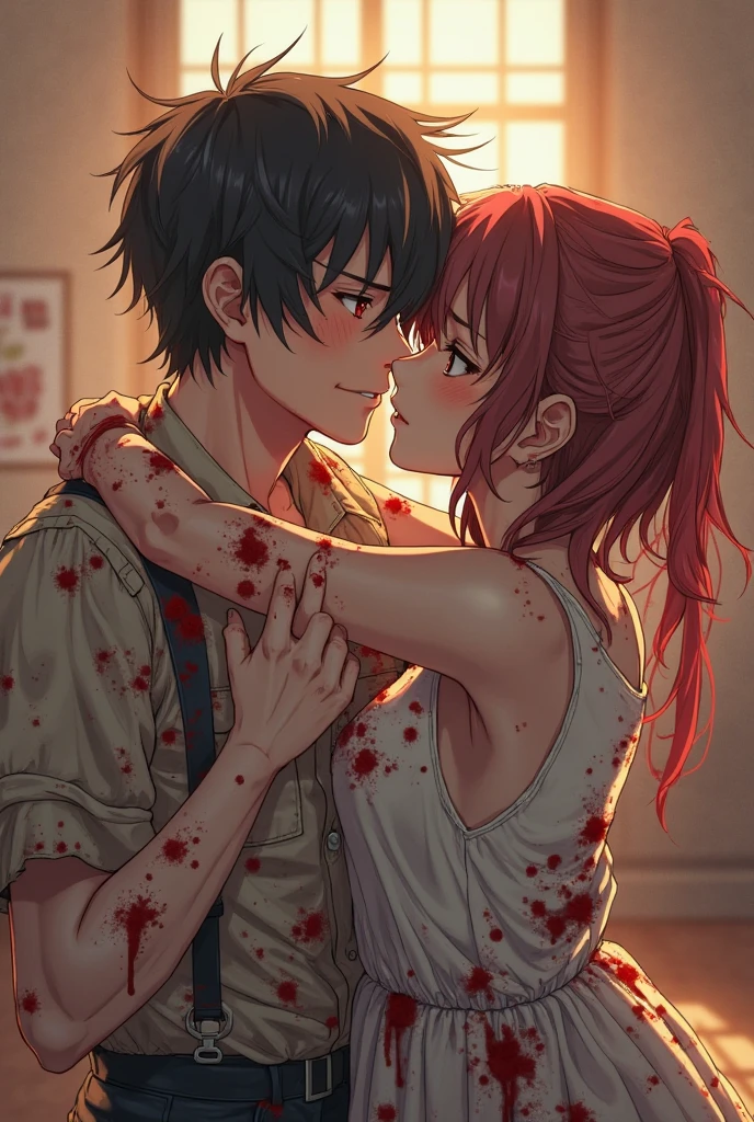 a guy with orange hair and blue eyes, White T-shirt, dark gray pants, covered in blood, not smiling, does not blush, sad look blood on face, blood everywhere, hugs the girl on his lap, with very short dark brown hair, With Your Eyes Closed, dying, not smiling, does not blush, face in blood, The body is covered in blood, clothes covered in blood, in a dark green shirt and a dark brown long skirt, all in blood, anime art, masterpiece, realistically, super detail, professional quality