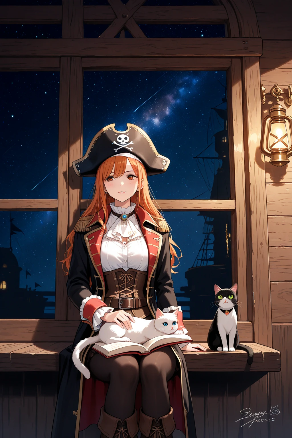 A female pirate captain is drunkenly enjoying herself on a pirate ship with a mug in her hand. The girl has short red hair and wears a pirate hat. She wears a saber and a pistol on her waist, and is dressed like a pirate. A black cat is sleeping on the table where the girl is drinking. The black cat is curled up.