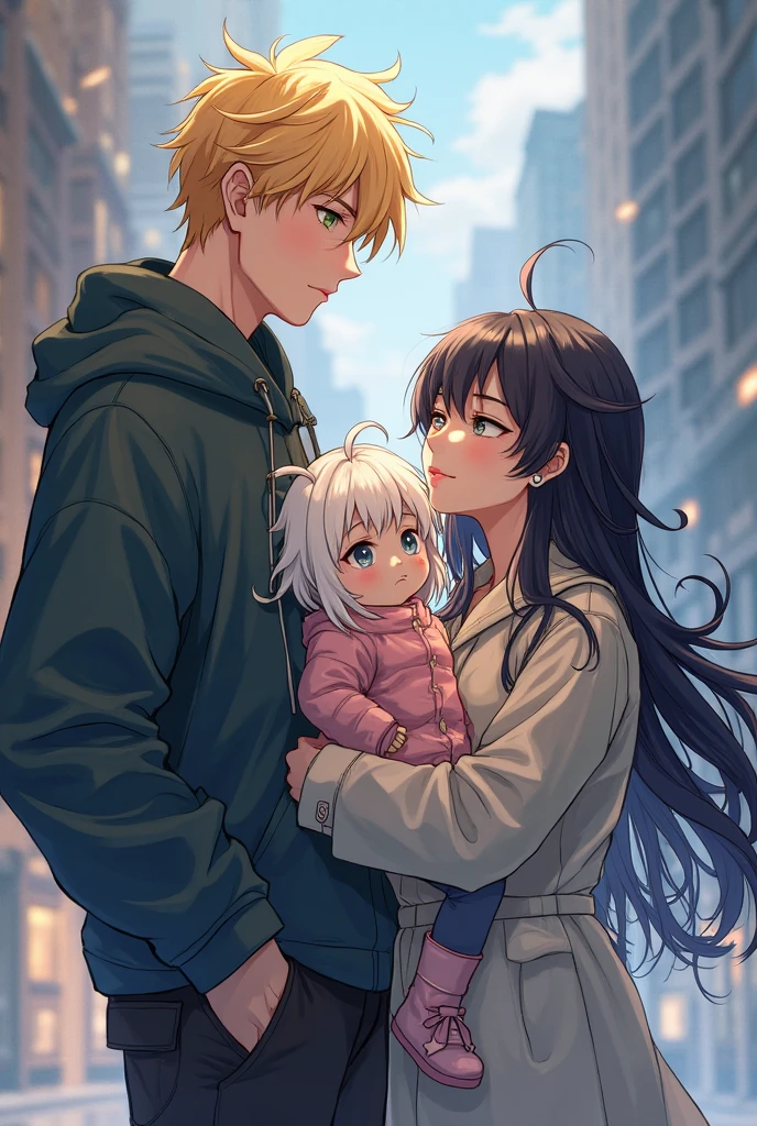(8K, Best Quality, Masterpiece, Ultra High Resolution) Woman with 2 children, woman has dark hair, young son has white hair, baby has black hair