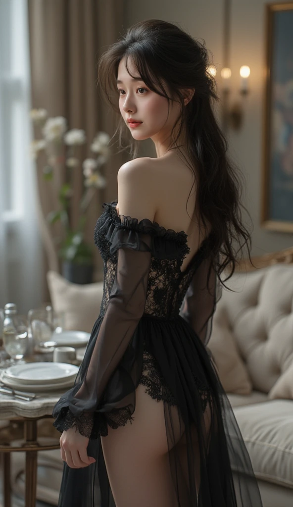 At the door, there is a woman in a black dress posing, full body fairy, elegant and charming cosplay, wearing a translucent red aristocratic suit, royal elegant pose, ((beautiful fantasy queen)), flowing magic robe, tight short skirt succubus, fantasy robe, classical witch robe, crimson robe, beautiful and elegant queen, (big breasts: 1.2), (back, buttocks), barefoot, (bangs), (ring finger diamond ring), masterpiece, realism