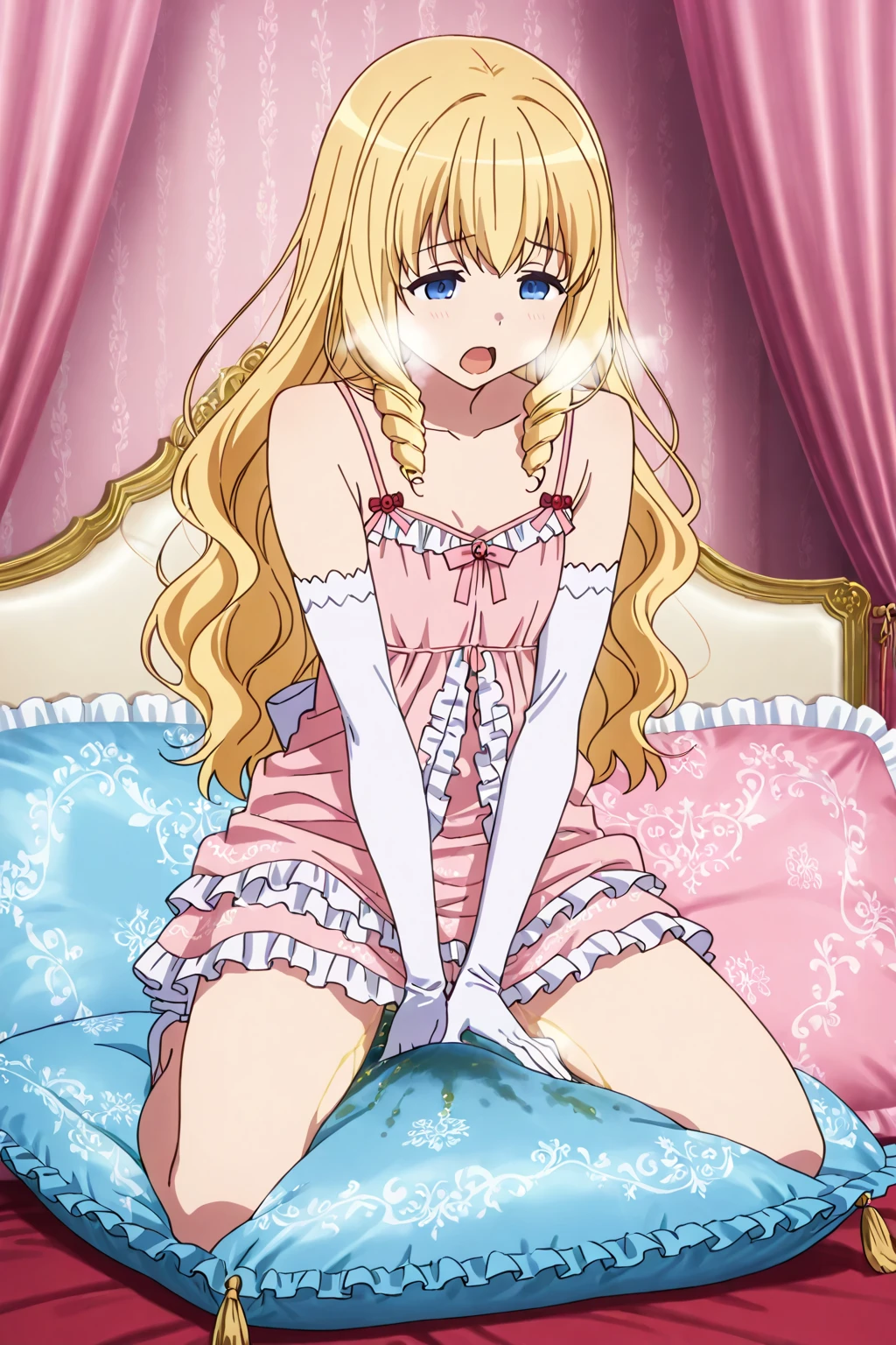 (best quality, masterpiece),mine , details), (Light and shadow oxtail , bed background, Cute girl posing on pillow ,Pillow,(piles of Pillow),Upholstered,((four poster bed)),Soft pillow quotation,Lots of Pillow,(Pillow),The love surrounding the protagonist,steam,Luxury Pillow),(luxury bed),(Gorgeous pattern pillow),luxurious pillow,(bedroom ),pillow humping,hump,open mouth , kneeling,(Love around the protagonist),(Steaming hot),(pillow),Four poster bed,Canopy bed,Lots of pillow heads,princess bed , long hair , frilled pillow , ((pink pillow)) , large pillow , , ((small feathers bursting or leaking or fluttering from pillows)) , (LatifaFleuranza) , blonde hair, blue eyes, very long hair, tiara