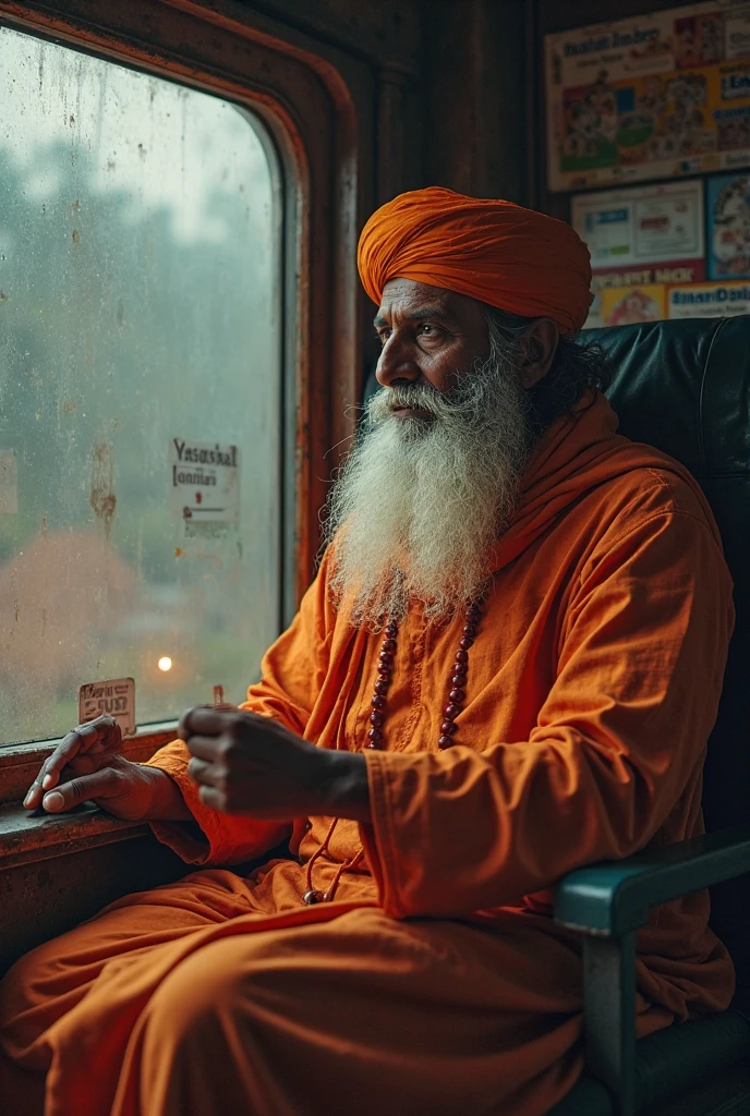 Sadhu baba in train mein 3d animation style attractive clothes or attractive look 
