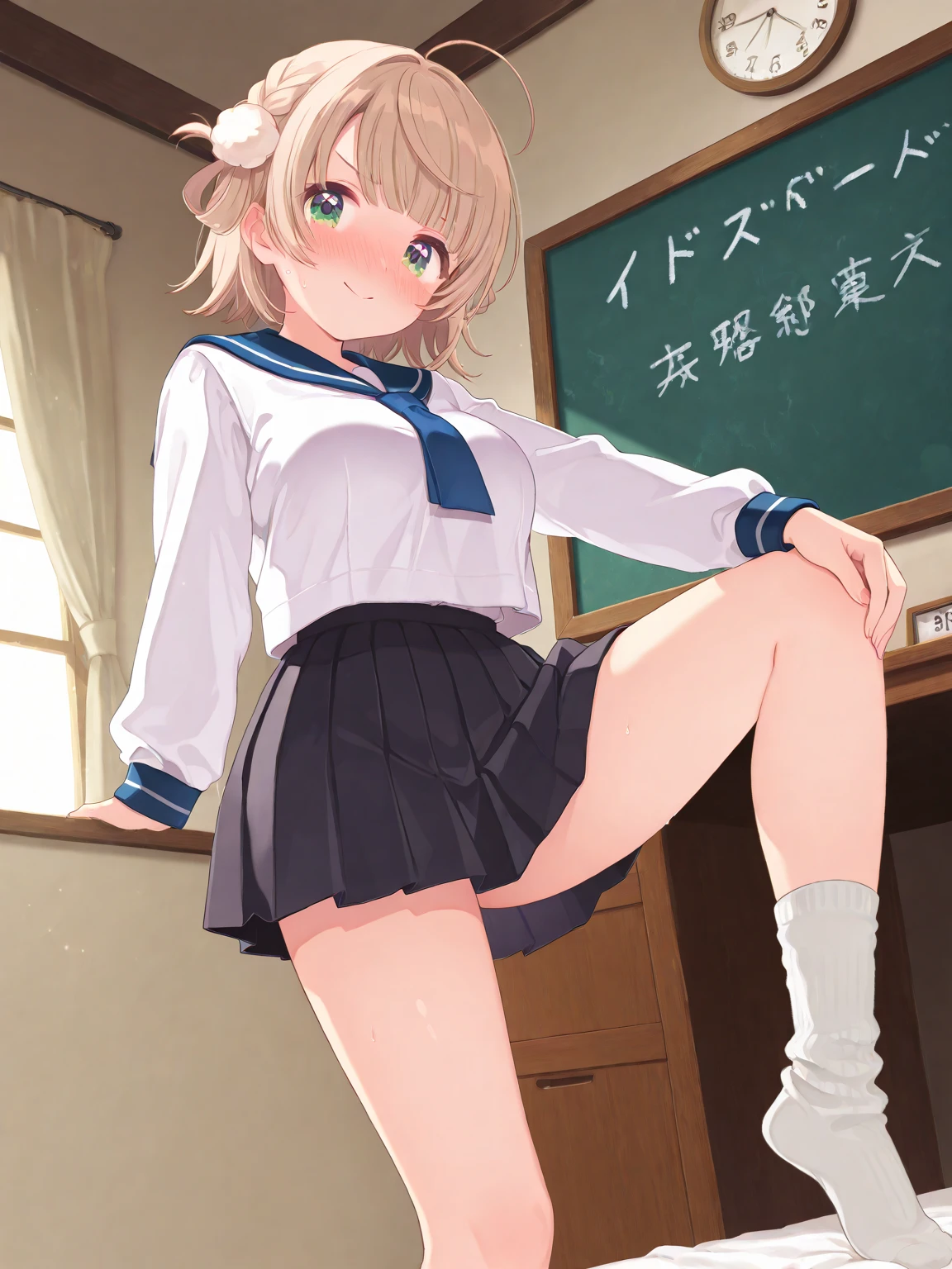 NSFW,masterpiece, best quality, POV,look at viewer,1girl, solo, kinomoto sakura, two side up,pleated skirt, shirt, indoors, library, tomoeda elementary,windy up skirt,white panties