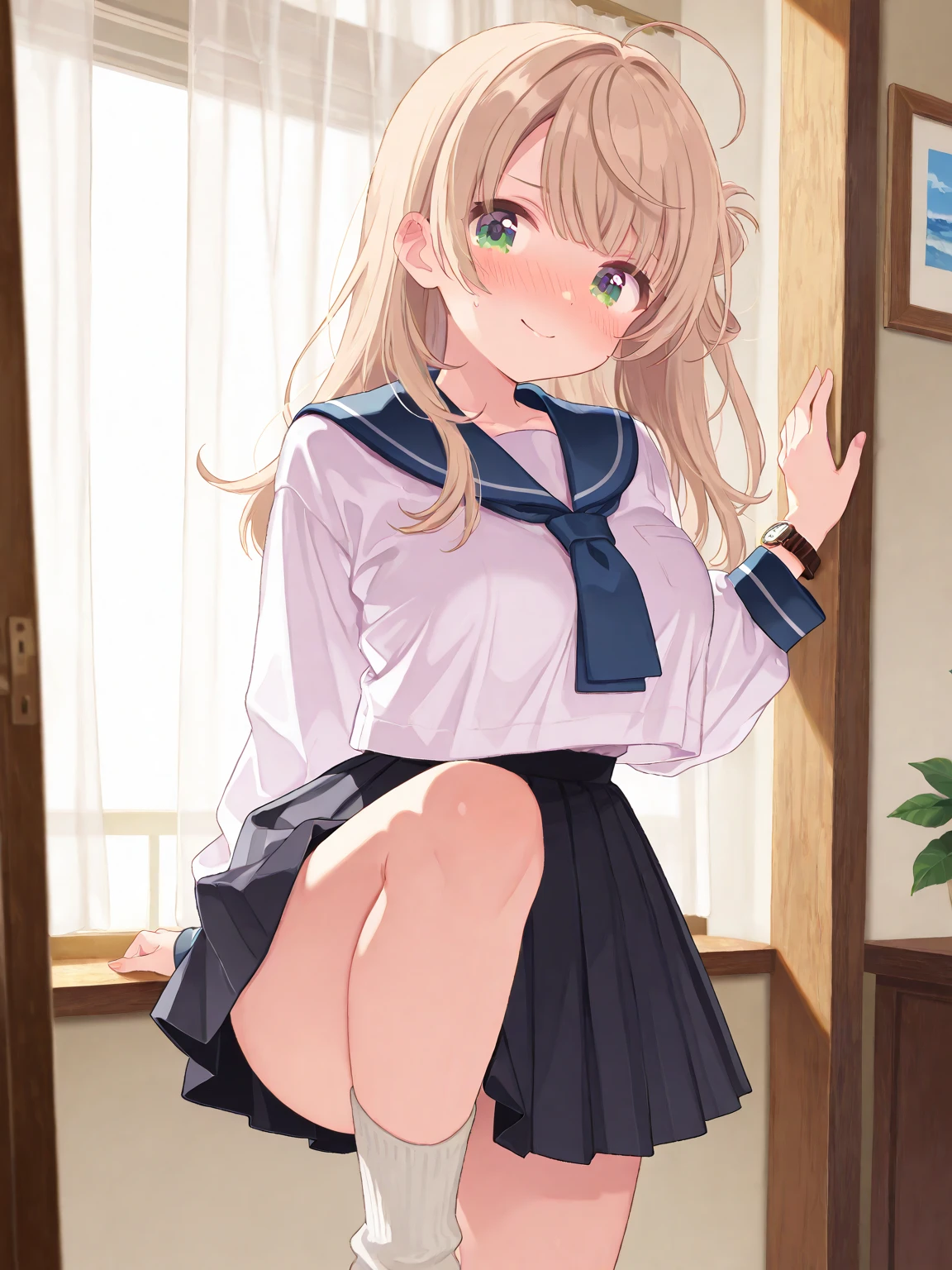 masterpiece, best quality, nsfw,
 1girl, view from below,
 lift up the pleated skirt, sailor suit,
 white sexy panties, yellow hair, embarrassed face,
 bedroom, late night,