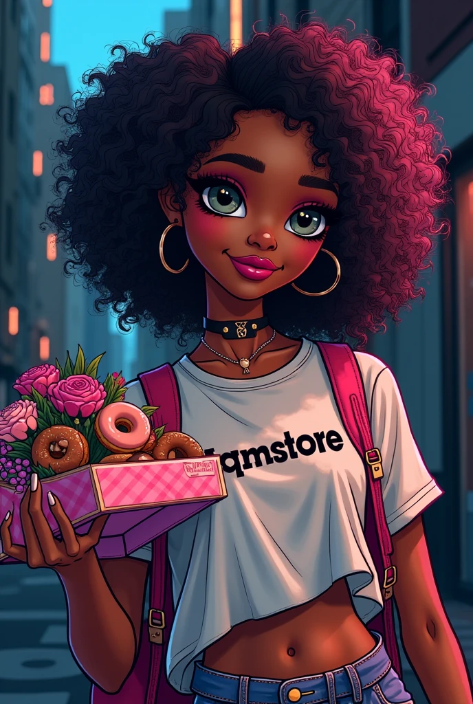 A black skinned woman with loose curly hair , with slanted eyes making cakes and sweets with the cell phone in hand , confectionery kitchen scene,🧁 
With jeans and a pink blouse with the name sweet honey 