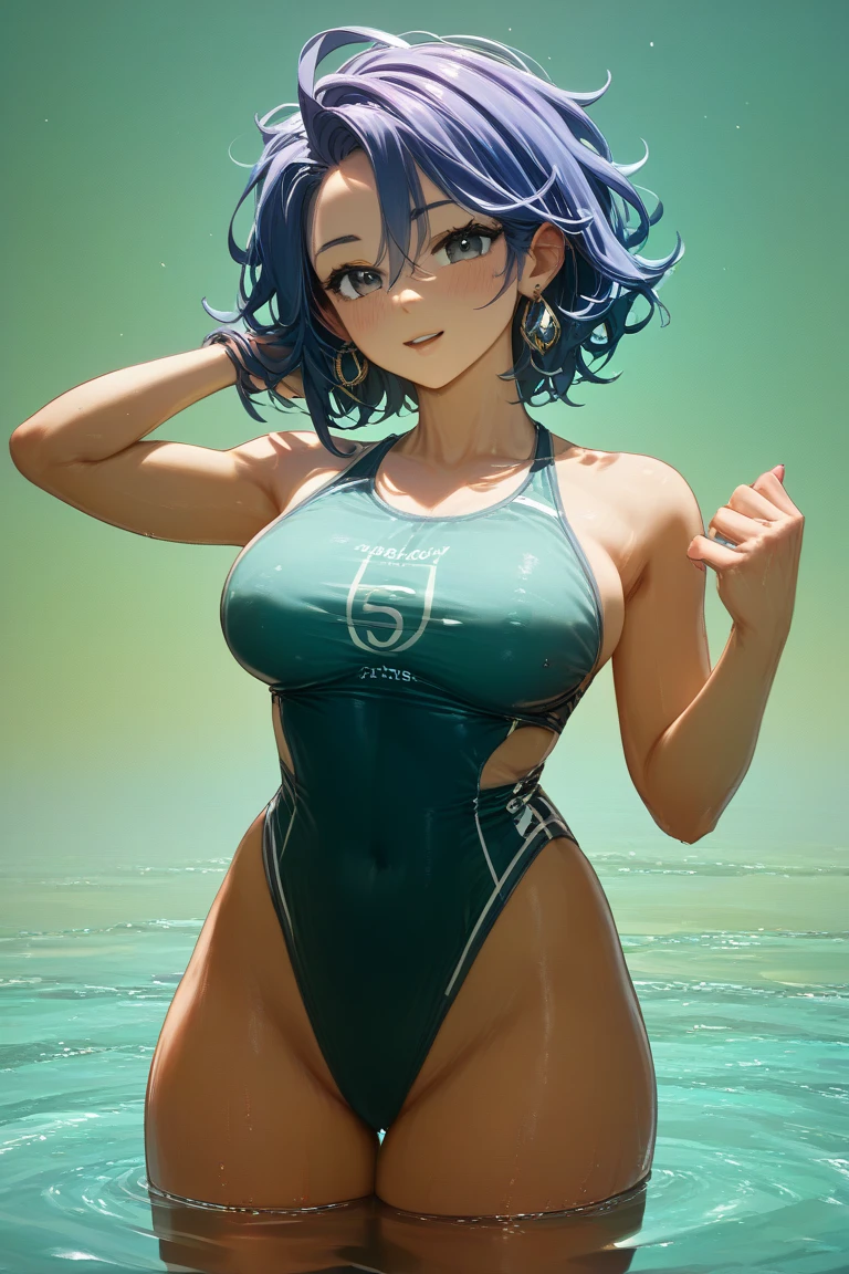 Girl, blue hair, blue eyes, short hair, flowers earrings, freckles, big , dark blue bikini standing, hands on back, smiling, barefoot